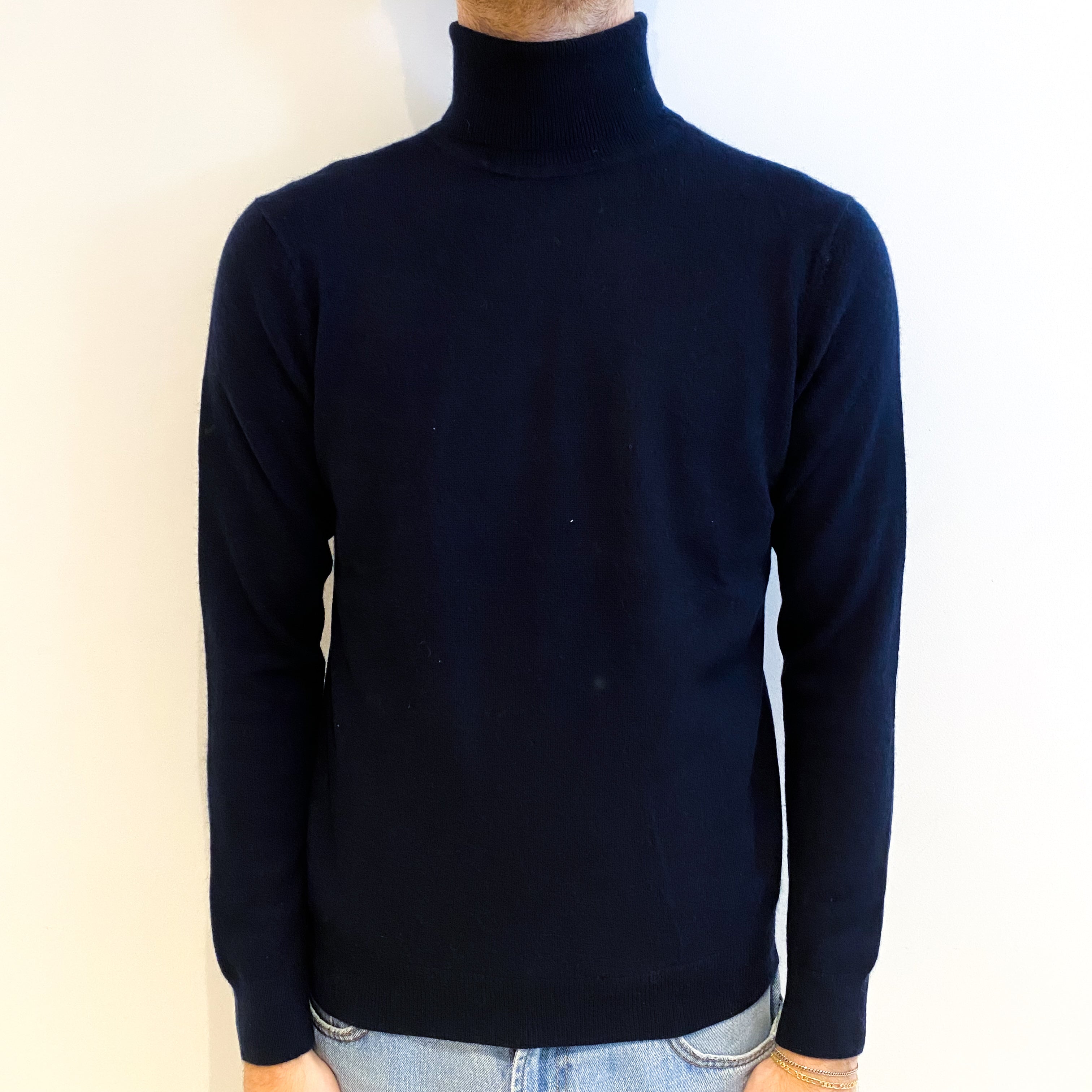 Men's French Navy Cashmere Polo Neck Jumper Large