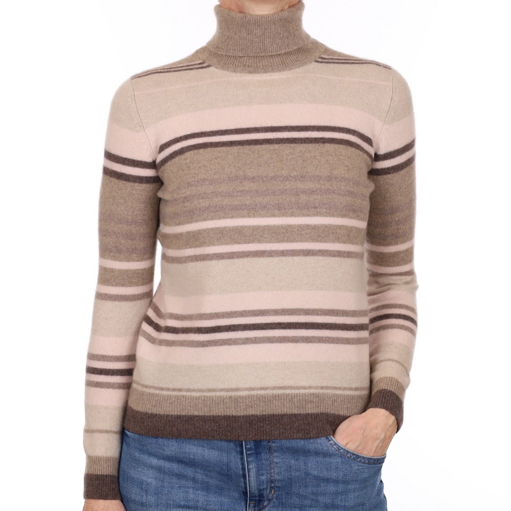 Mocha Stripe Cashmere Polo Neck Jumper Small
