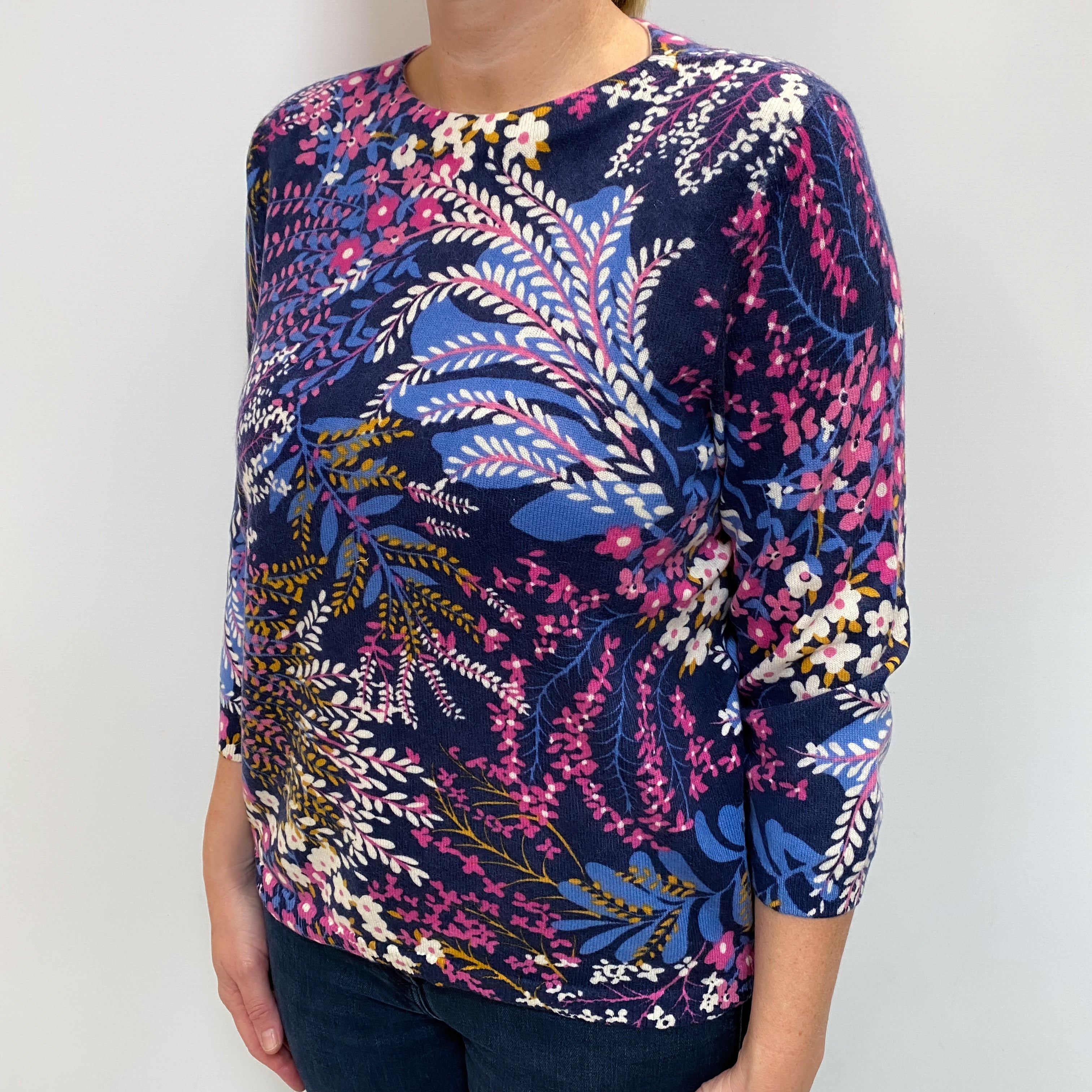 Navy Blue Patterned Cashmere Crew Neck Jumper Large