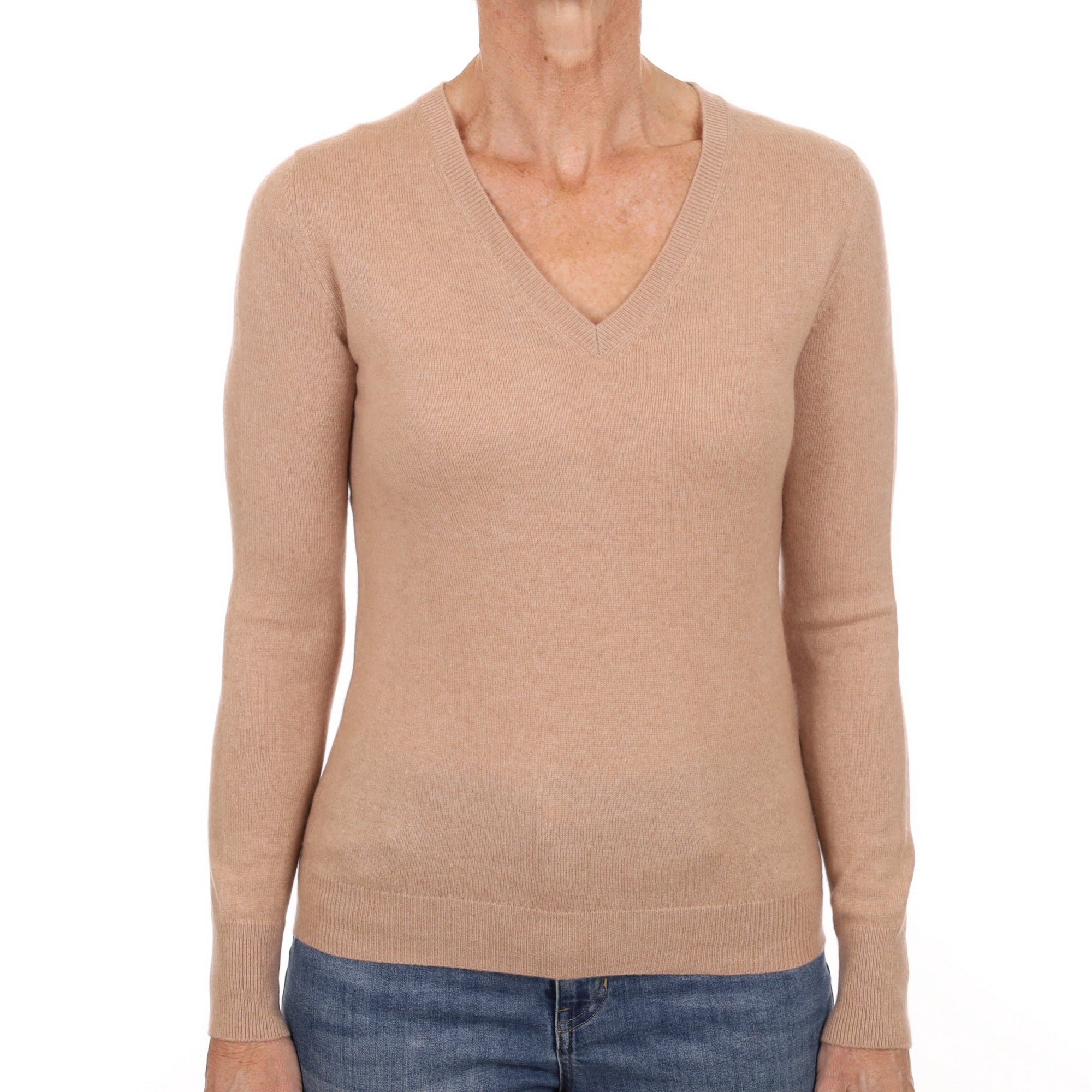Nude Beige Cashmere V Neck Jumper Small