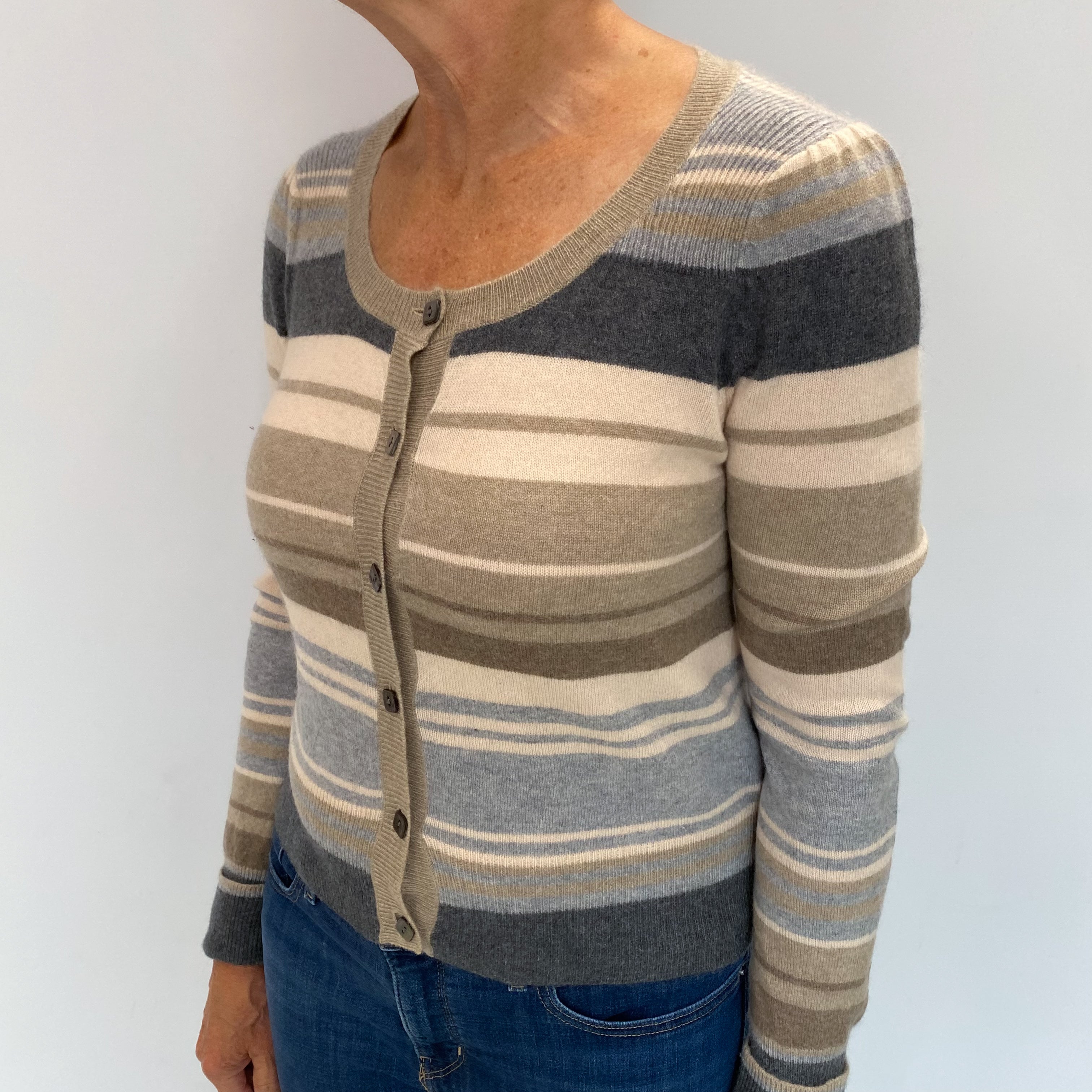 Biscuit Beige Striped Cashmere Crew Neck Cardigan Medium