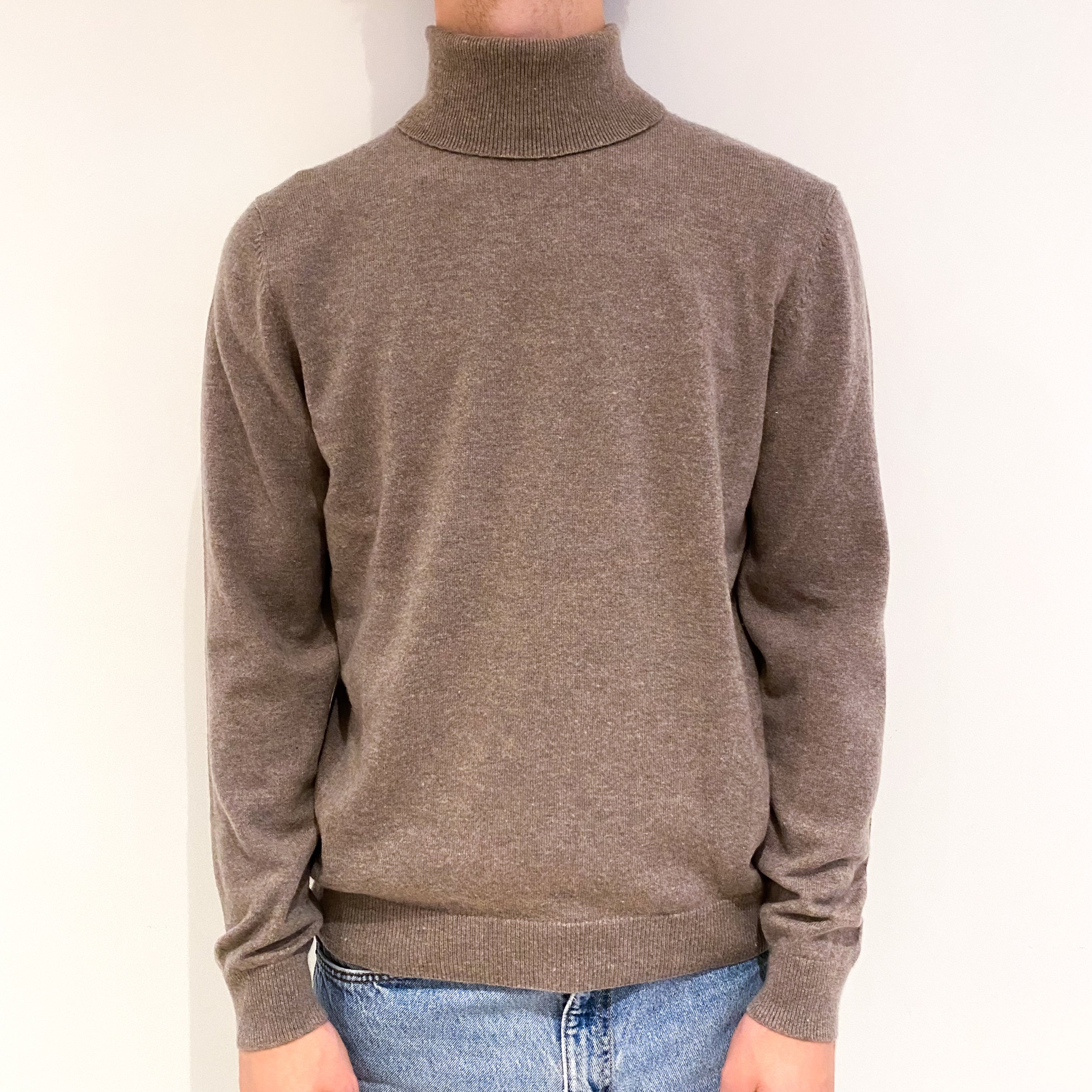Men's Mink Brown Cashmere Polo Neck Jumper Large