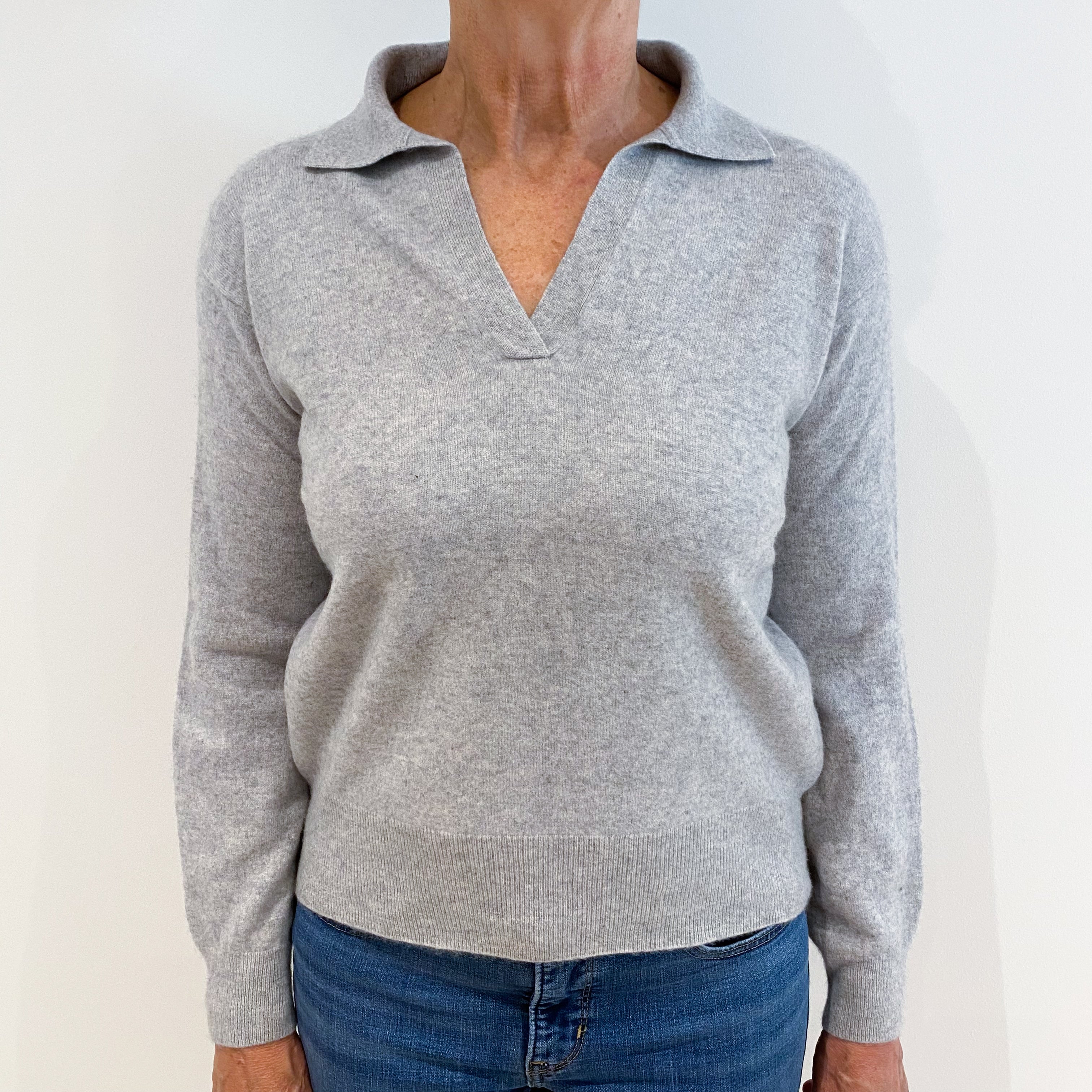 Silver Grey Collared Cashmere V-Neck Jumper Medium Dr