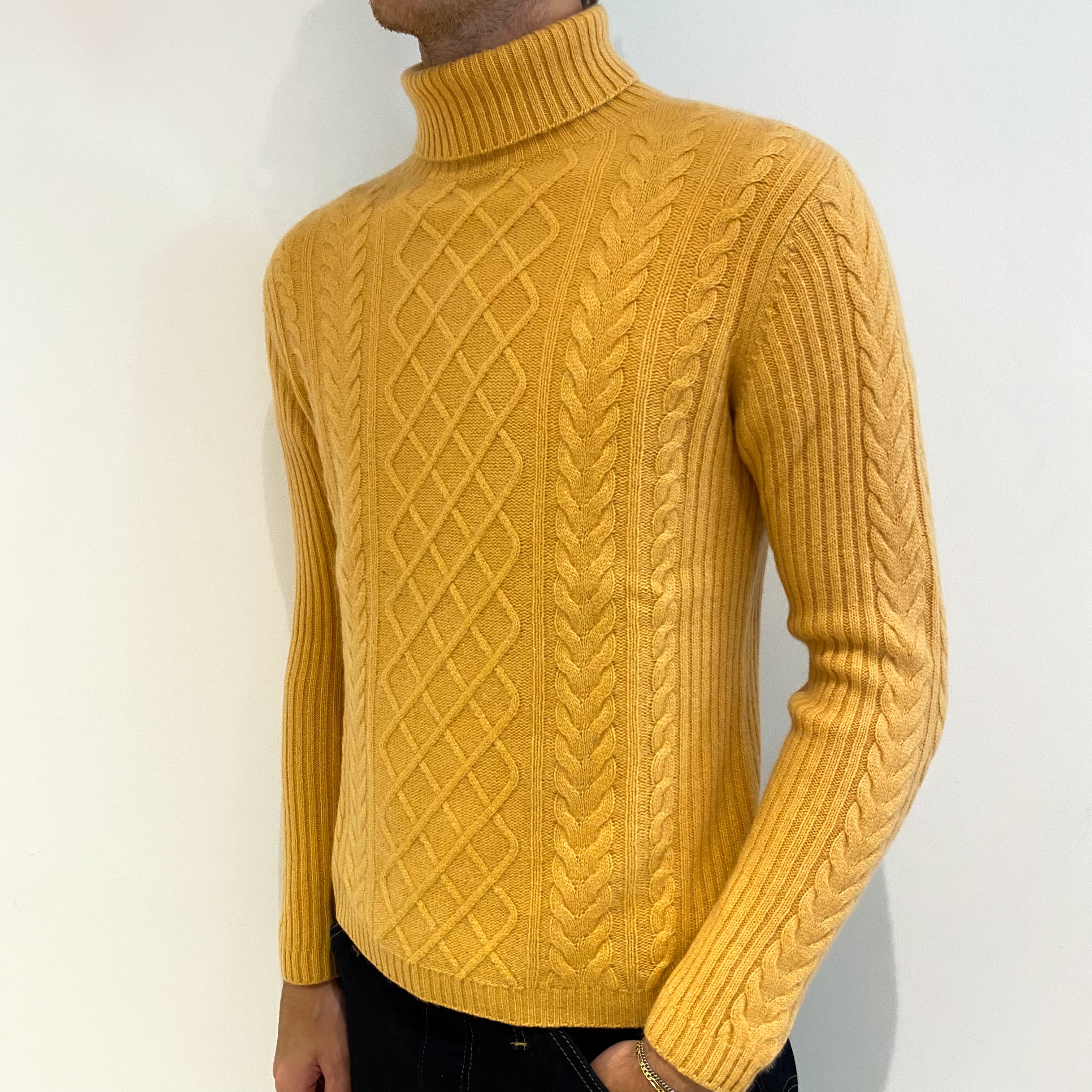 Men's Marigold Yellow Cable Cashmere Polo Neck Jumper Medium