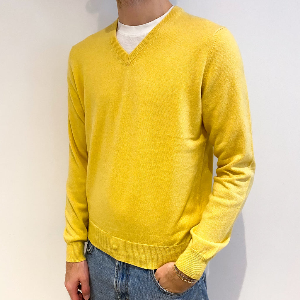 Men's Pineapple Yellow Cashmere V Neck Jumper Large