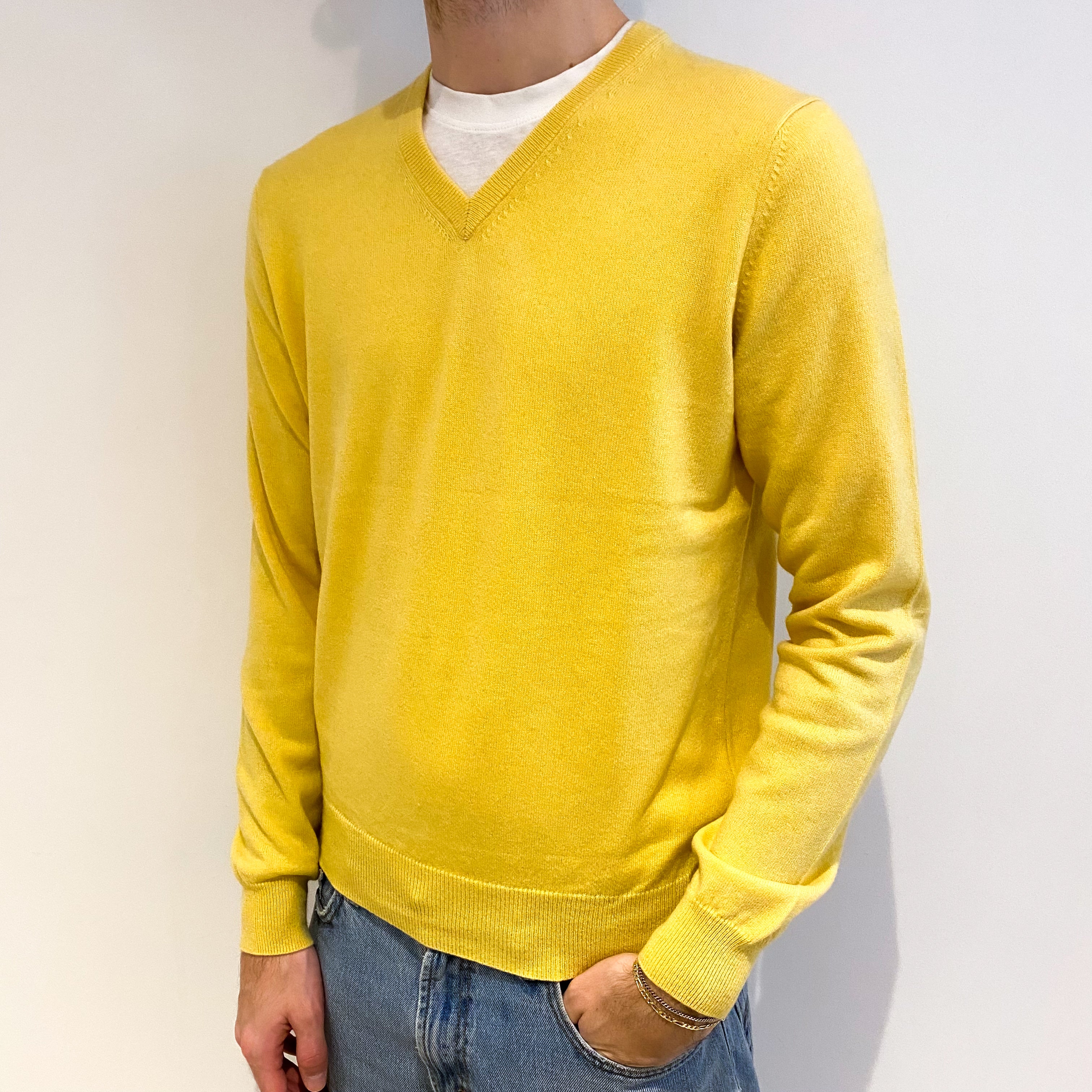Men's Pineapple Yellow Cashmere V Neck Jumper Large