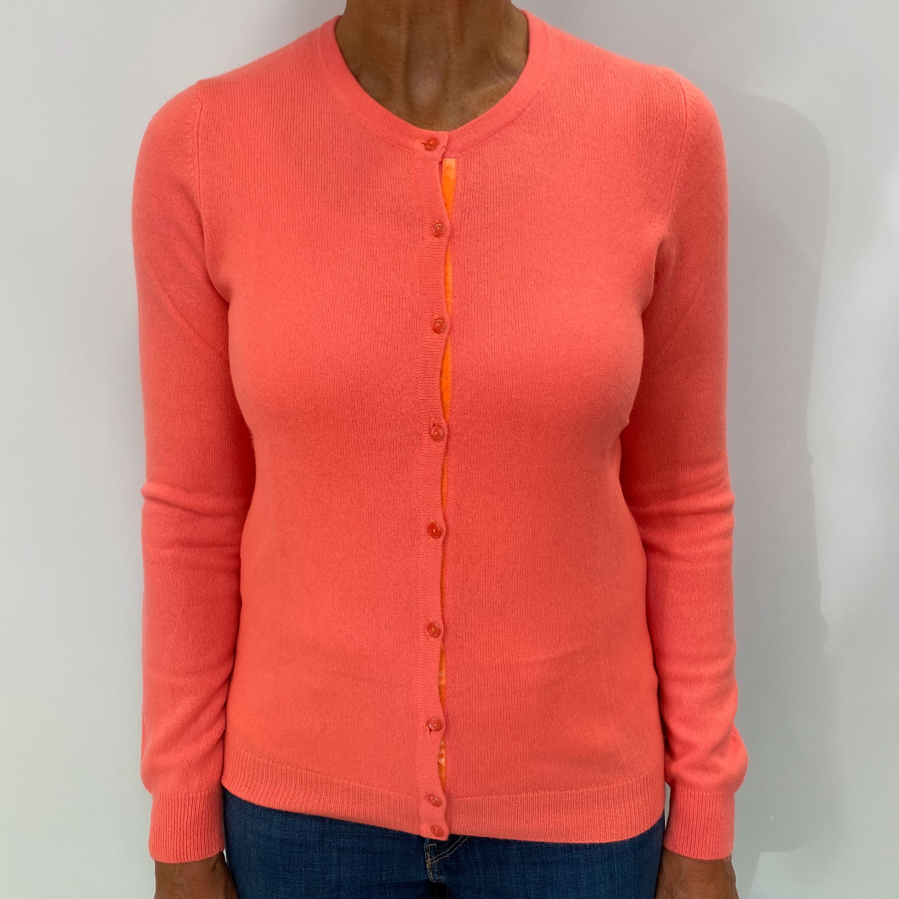 Bright Coral Orange Cashmere Crew Neck Cardigan Medium