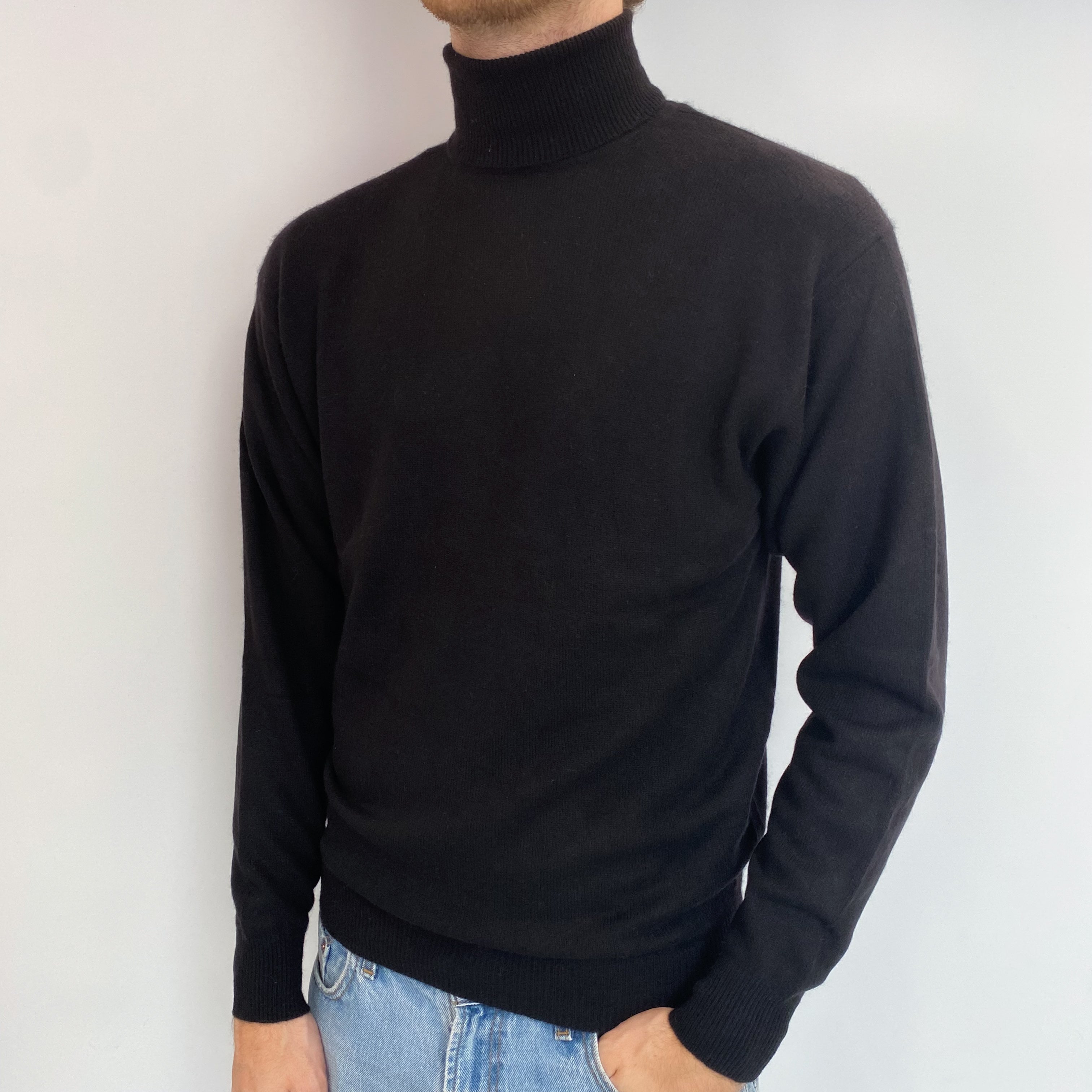 Men's Black Cashmere Polo Neck Jumper Medium