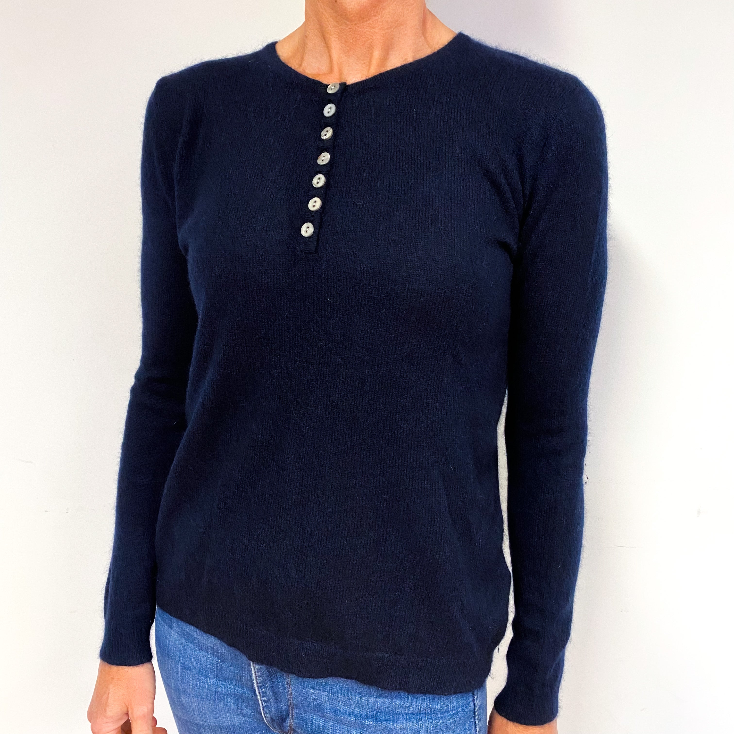 Navy Blue Button Up Cashmere Crew Neck Jumper Medium