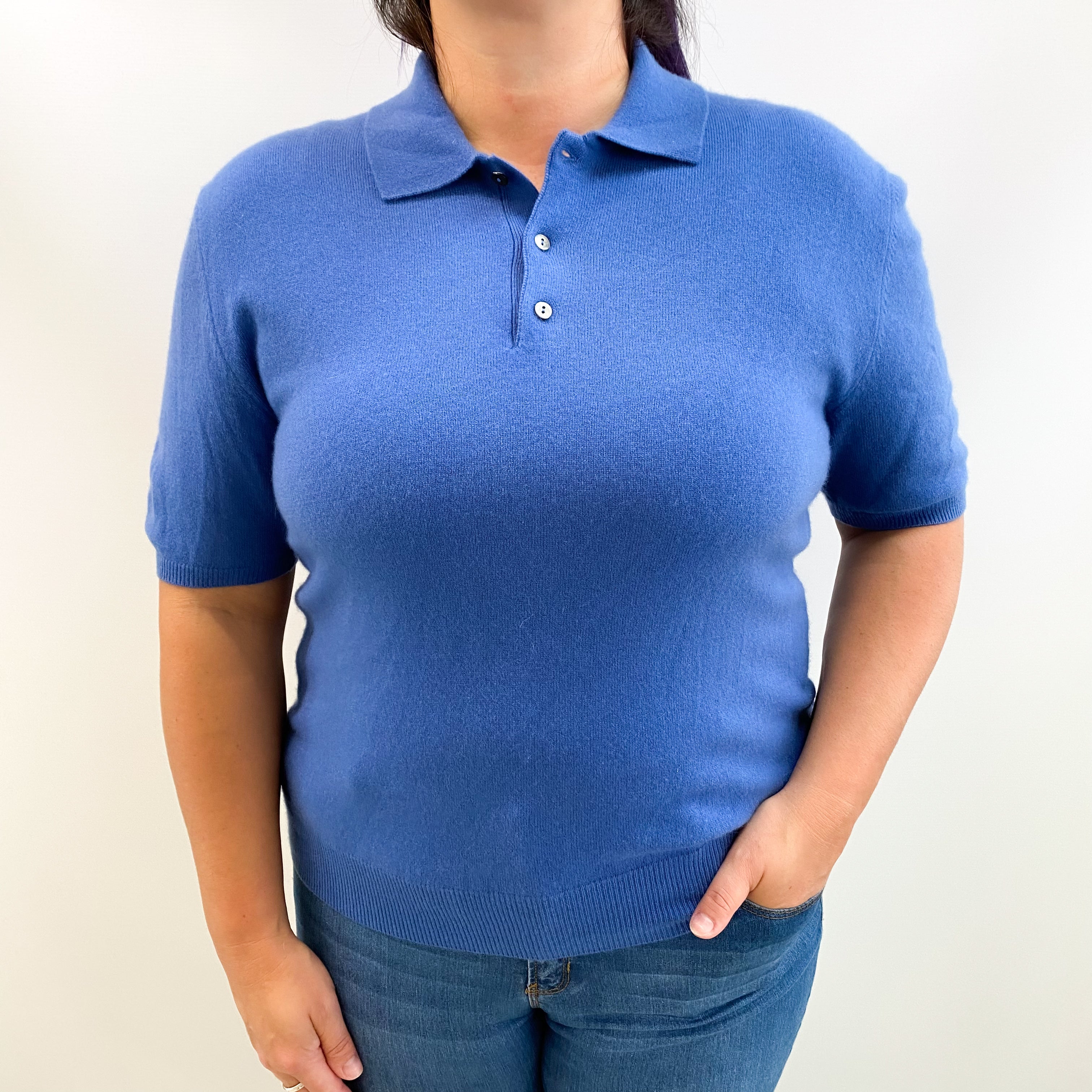 Airforce Blue Cashmere 1/4 Button Collared Crew Neck Short Sleeved Jumper Large