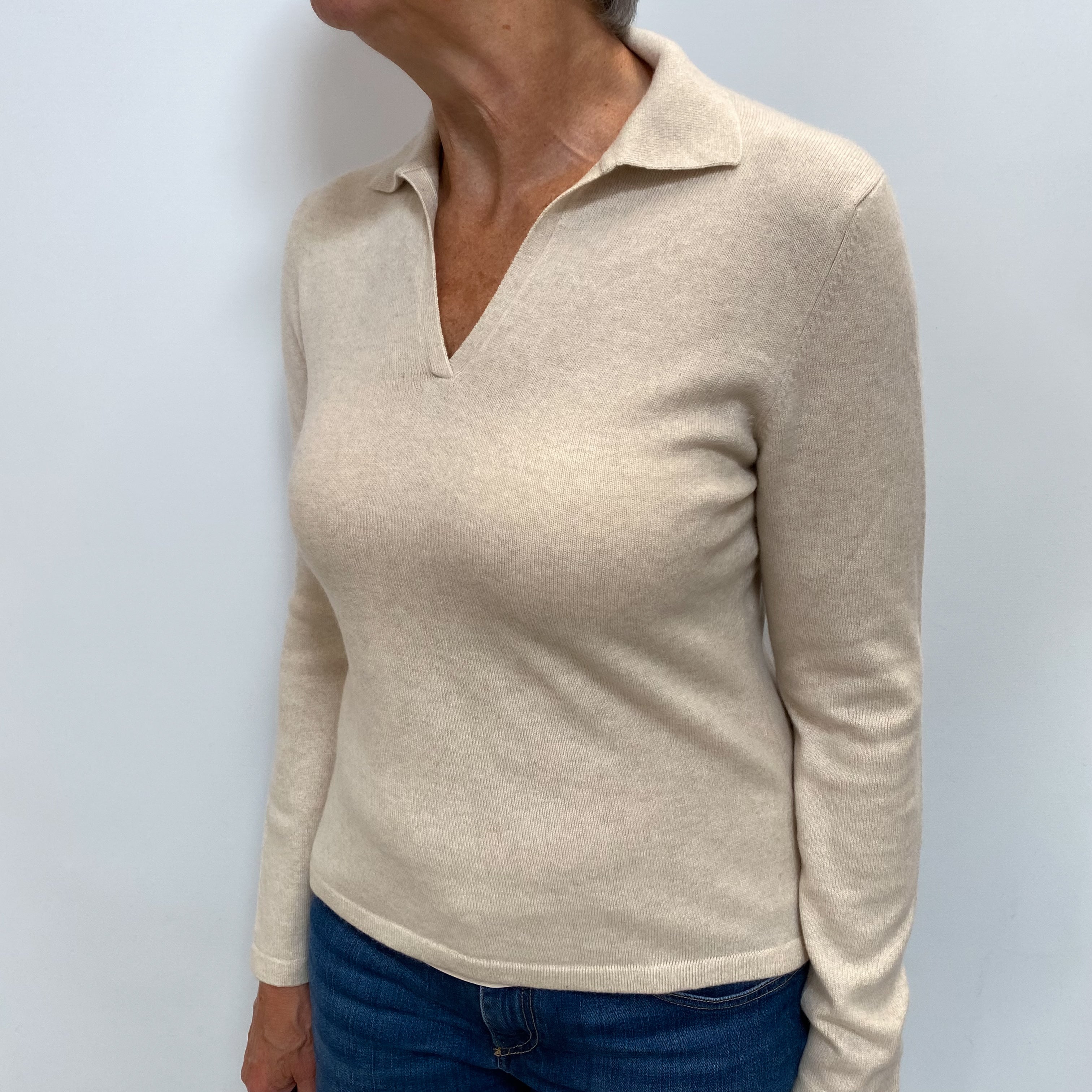 Neiman Marcus Oatmeal Cashmere Collared V Neck Jumper Medium