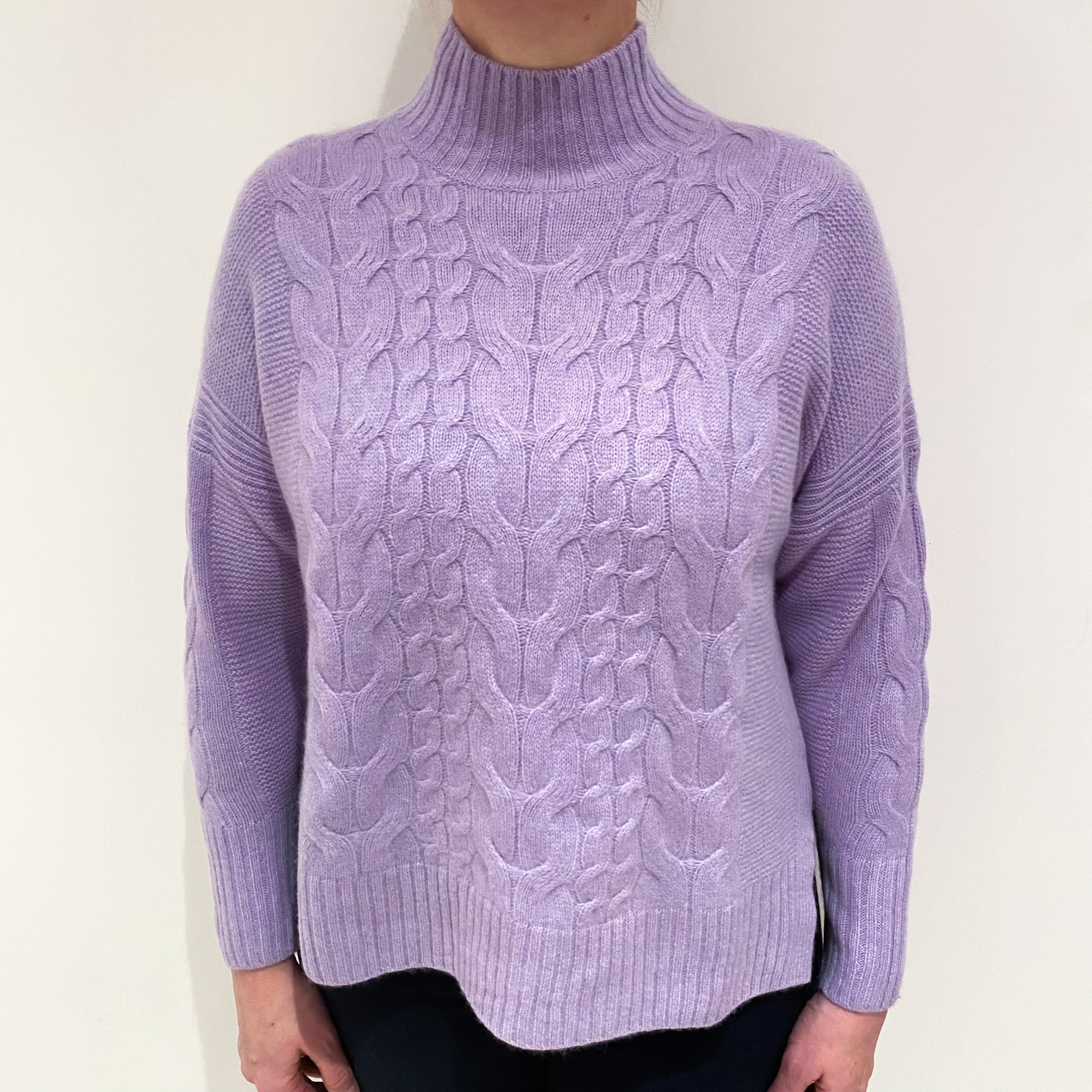 Lavender Purple Cable Cashmere Turtle Neck Jumper Large