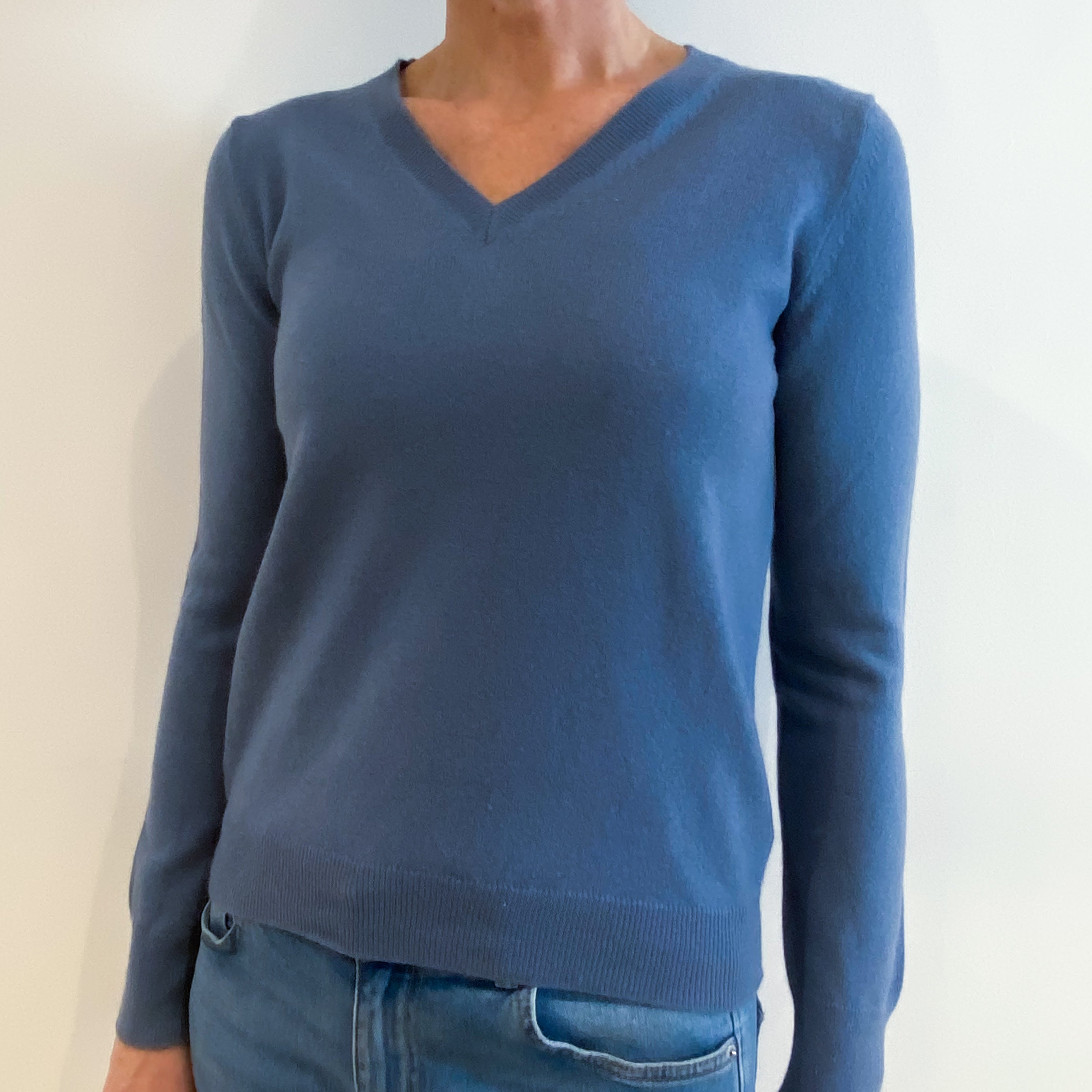 Denim Blue Cashmere V Neck Jumper Small