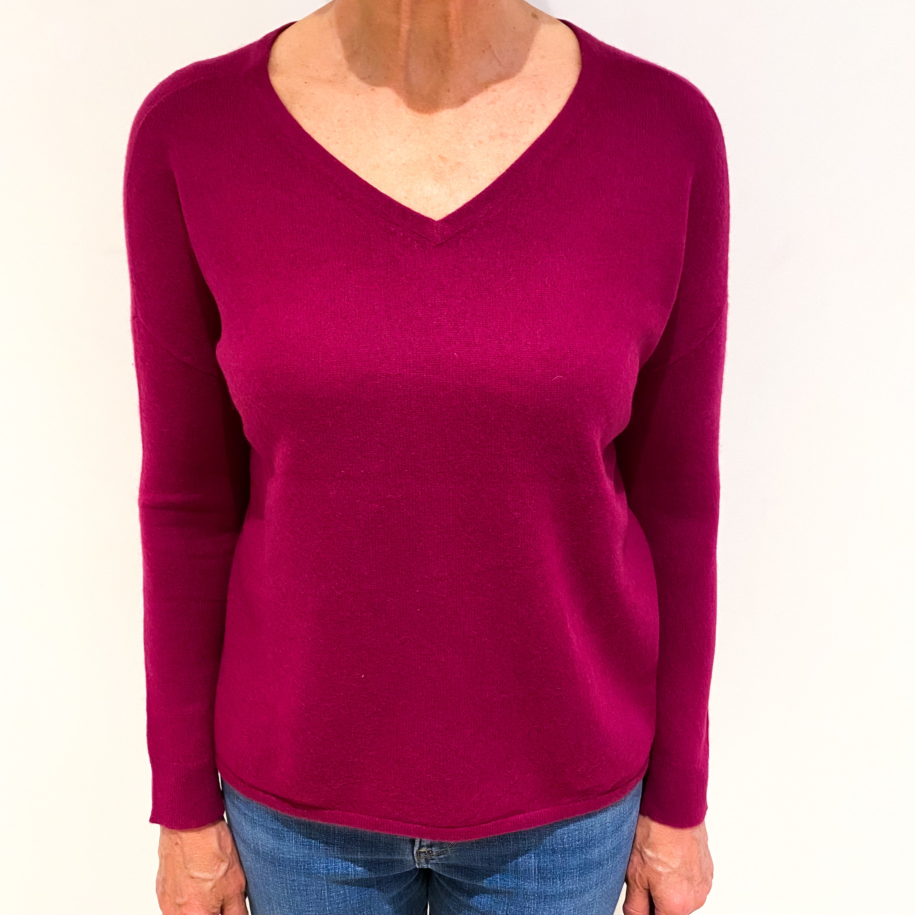 Magenta Pink Cashmere V Neck Jumper Medium