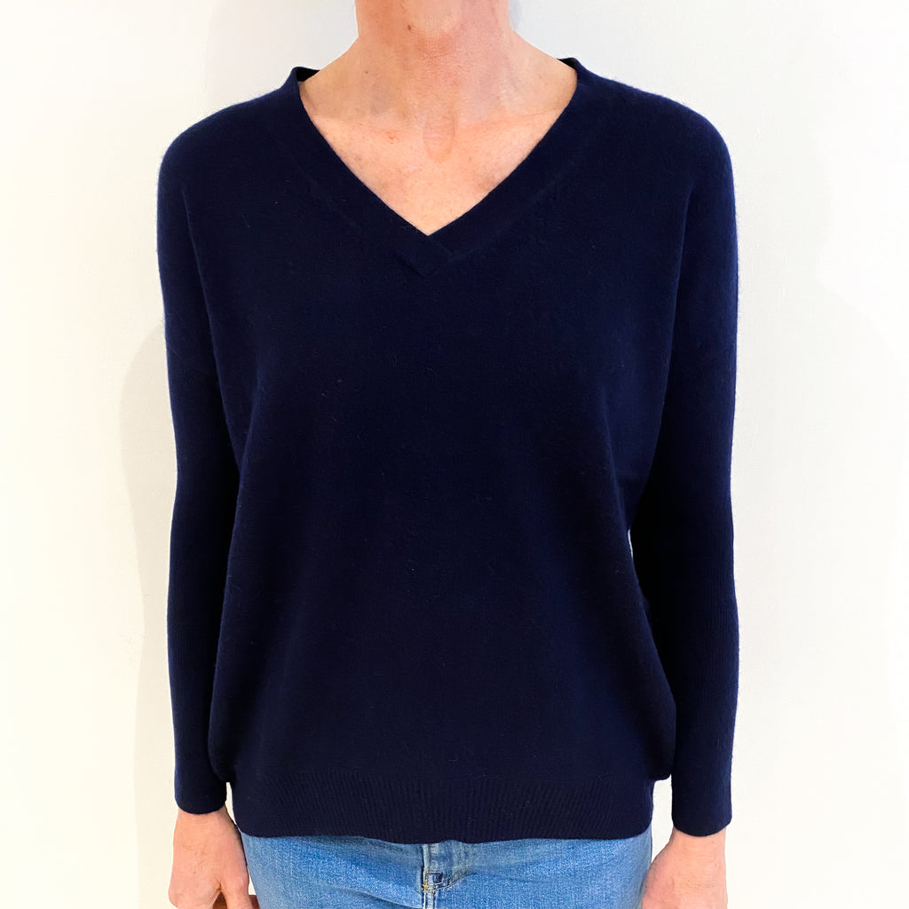 Cocoa Navy Blue Cashmere V Neck Jumper Small
