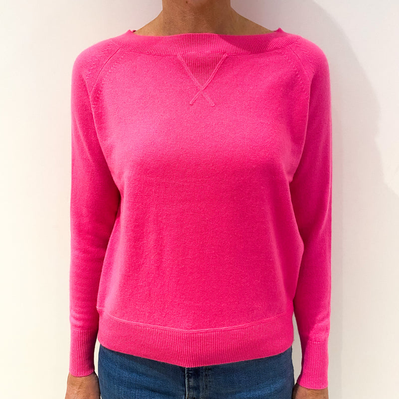 Neon Pink Sweatshirt Style Cashmere Crew Neck Jumper Small