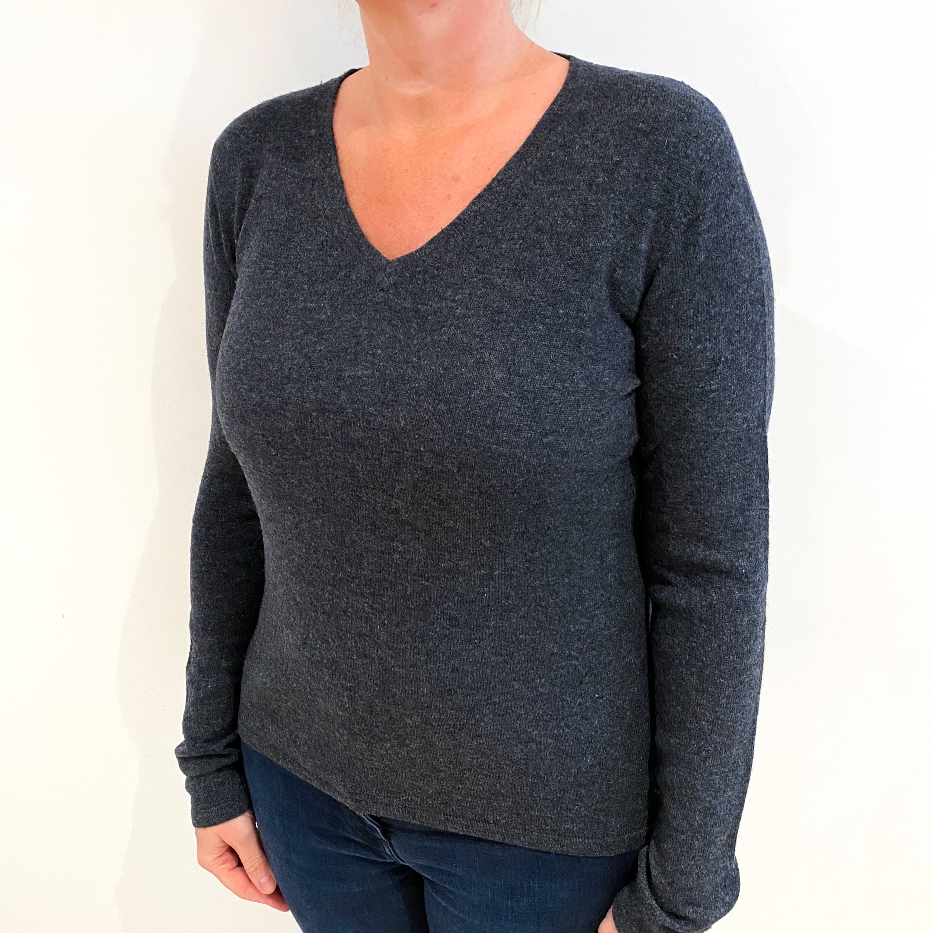 Charcoal Grey Cashmere V Neck Jumper Large