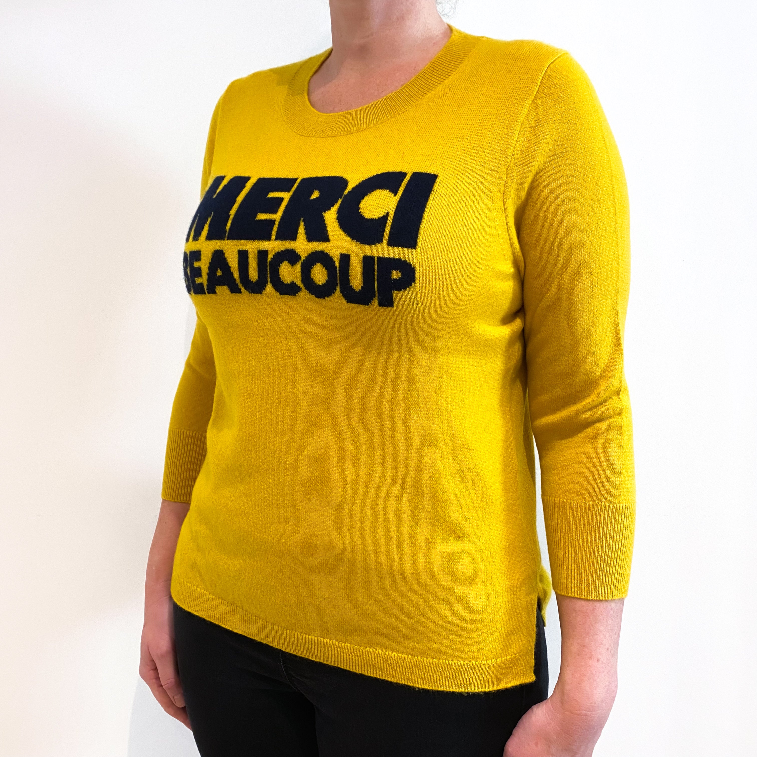 Sunflower Yellow and Navy Slogan Cashmere Crew Neck Jumper Large