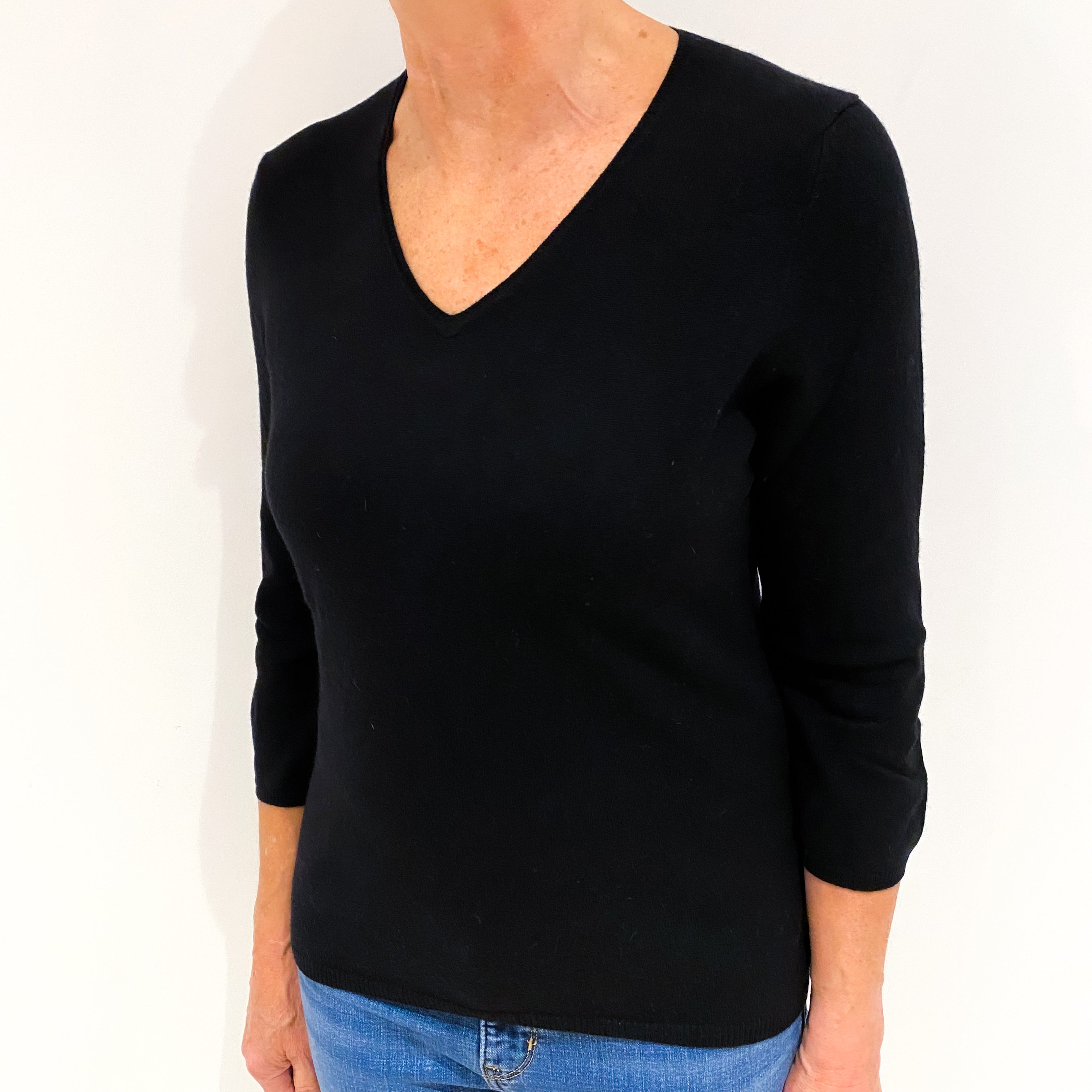 Black 3/4 Sleeve Cashmere V Neck Jumper Medium