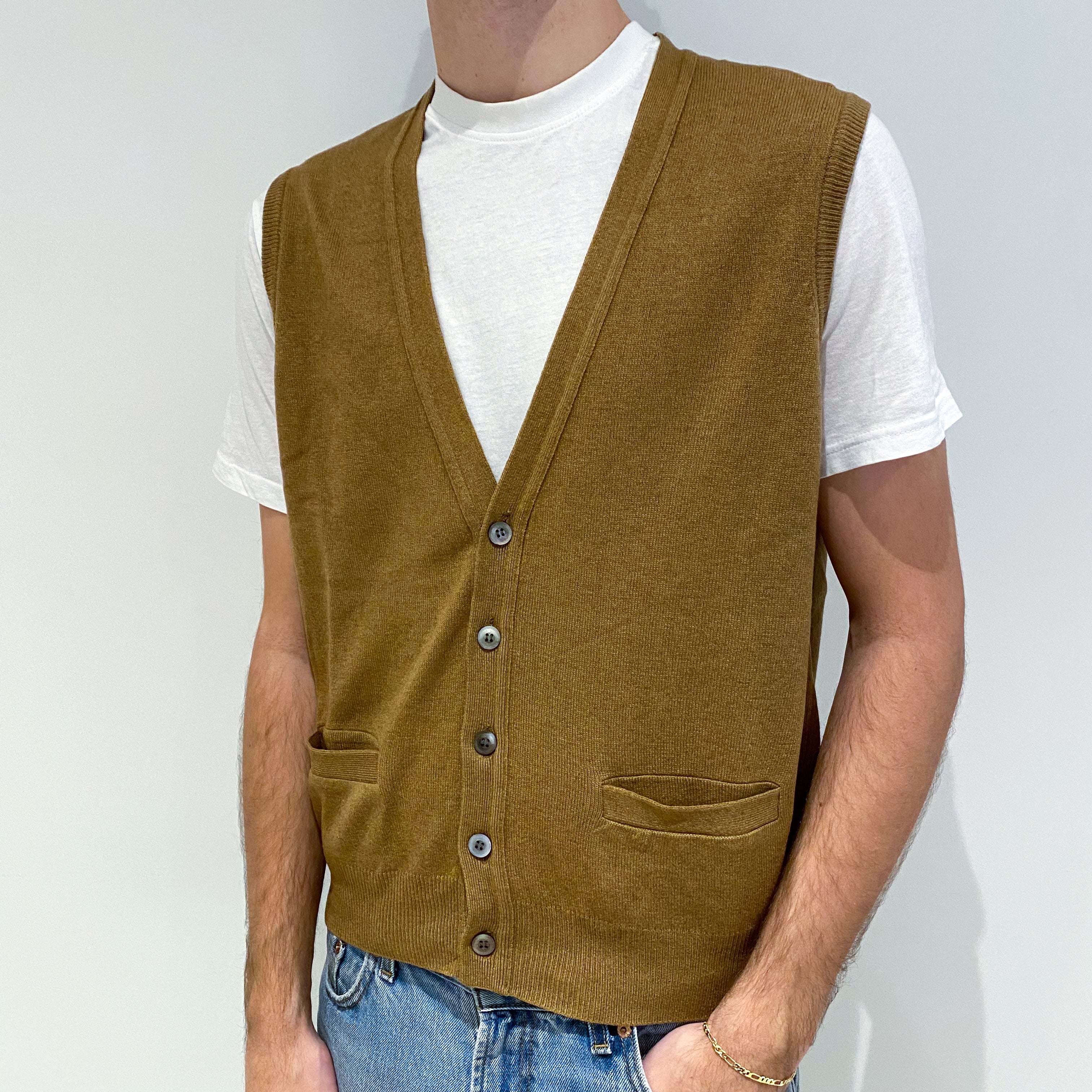 Men's Butterscotch Brown Cashmere V-Neck Waist Coat Large