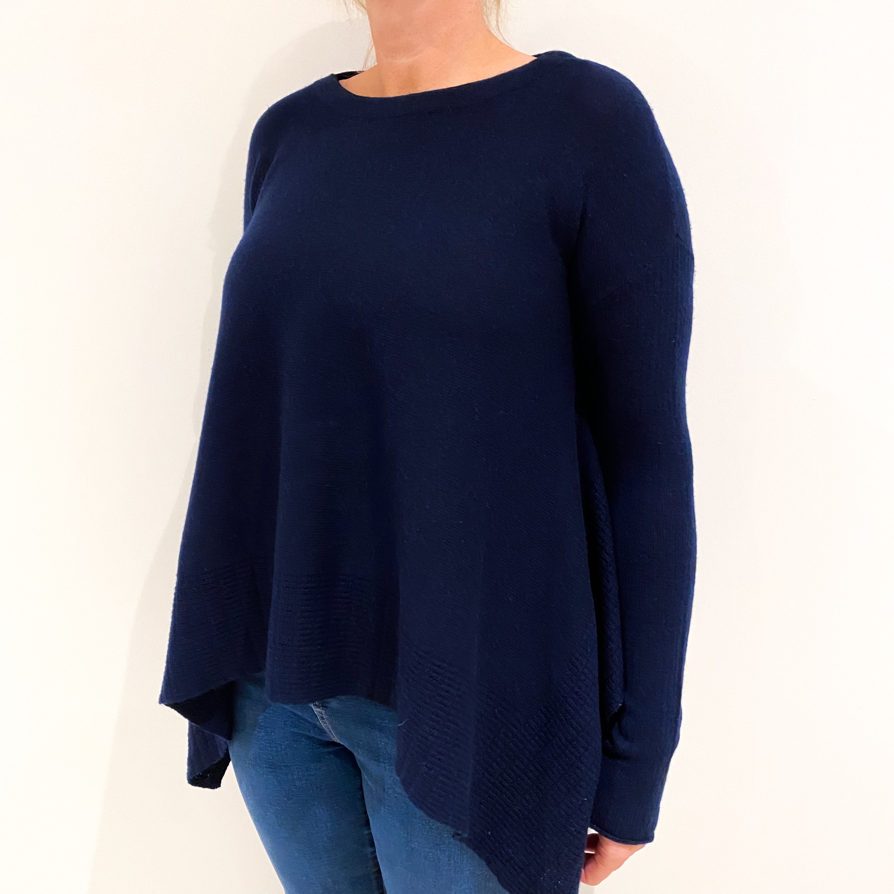 Navy Blue Poncho Style Hem Cashmere Crew Neck Jumper Large