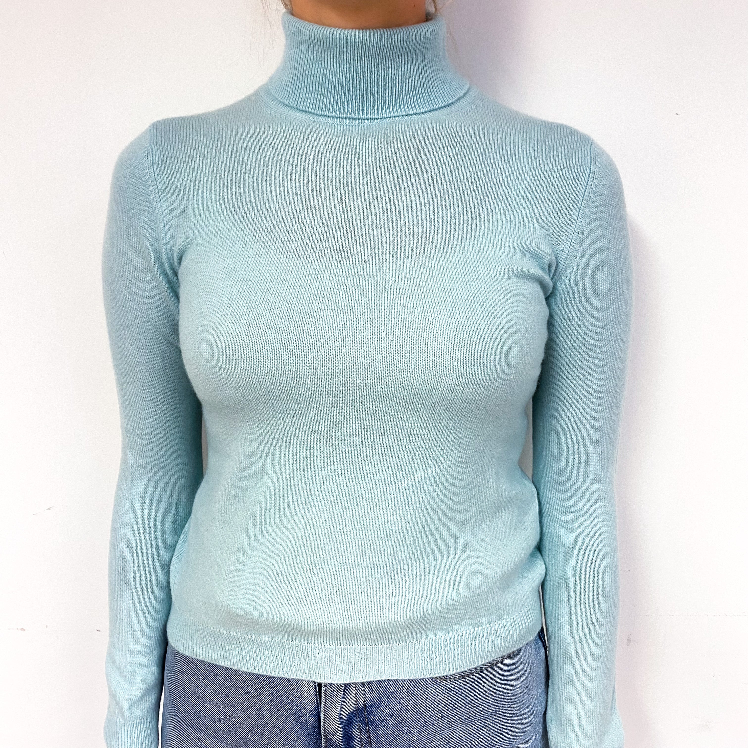 Mint Blue Cashmere Polo Neck Jumper Small