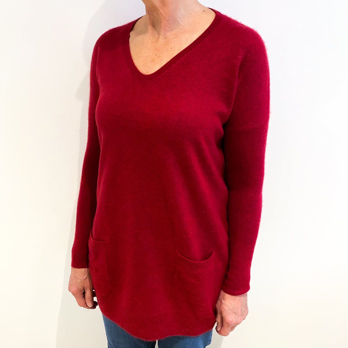 Raspberry Red Cashmere V Neck Jumper Medium