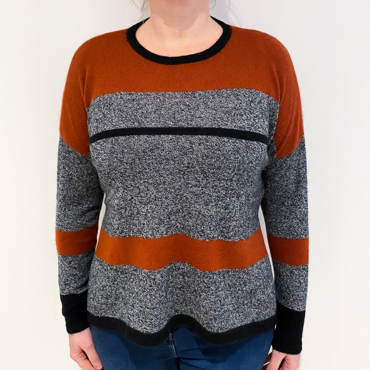 Black Marl and Rust Cashmere Crew Neck Jumper Large
