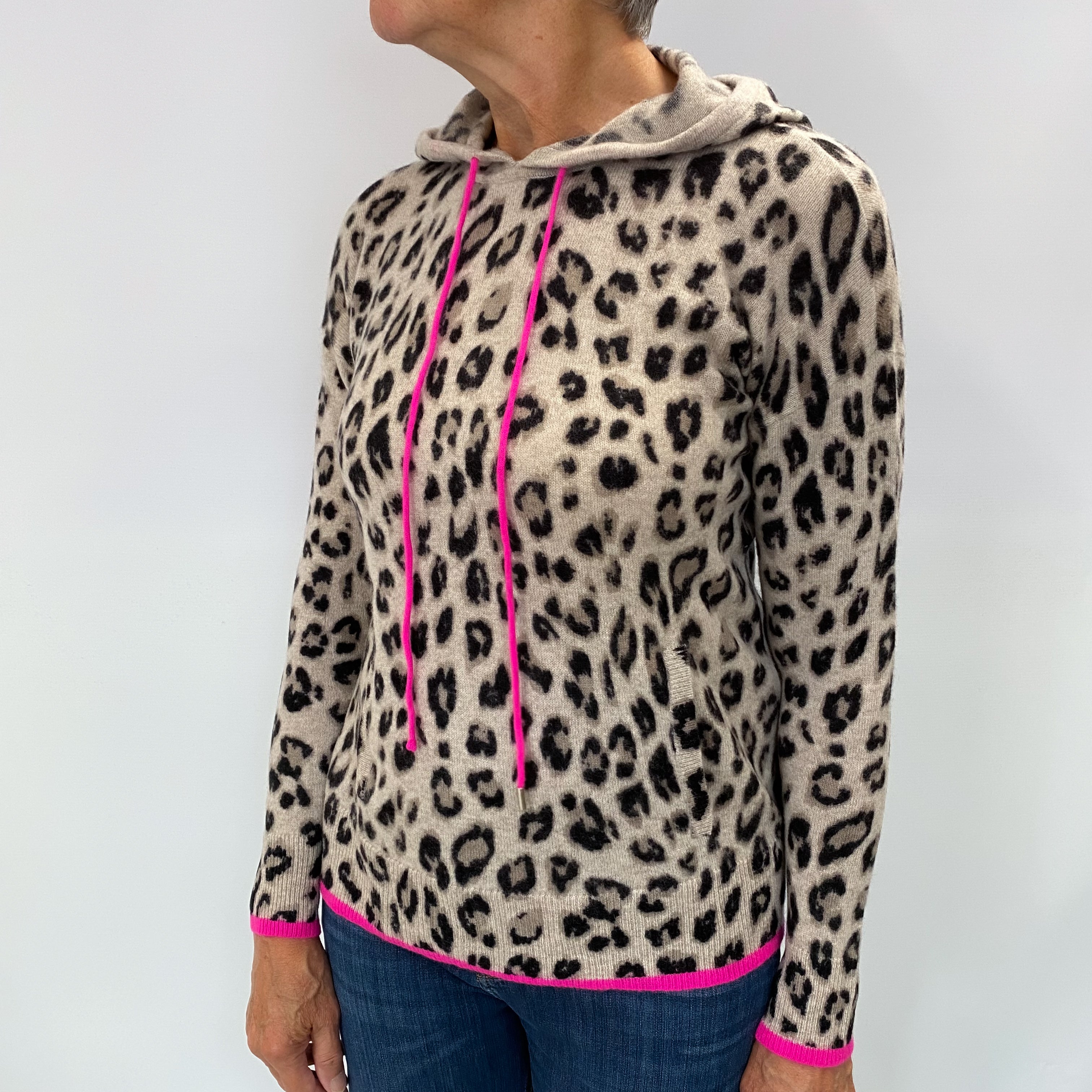 Lounge Beige Animal Print Cashmere Hoodie Medium