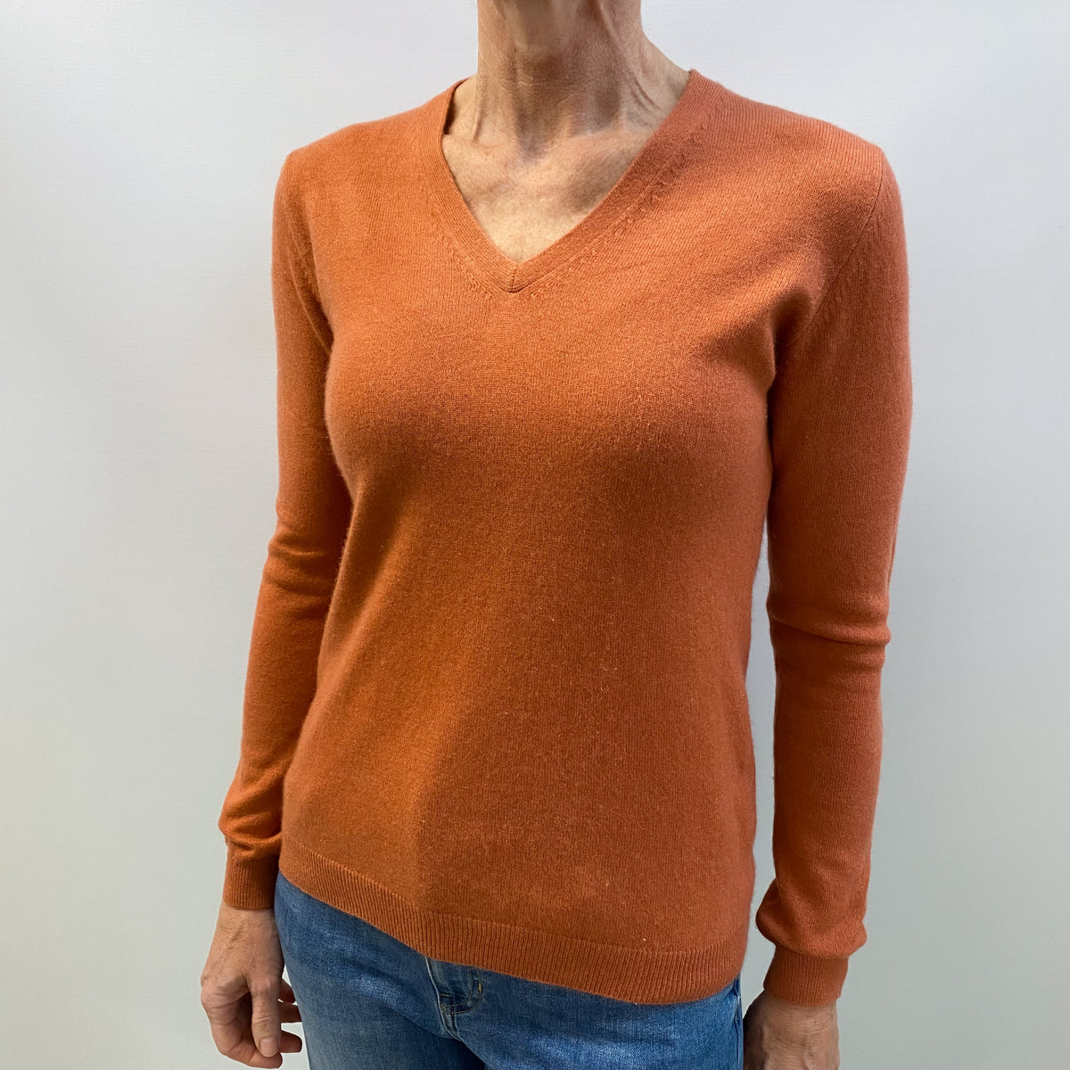 Terracotta Orange Cashmere V Neck Jumper Small