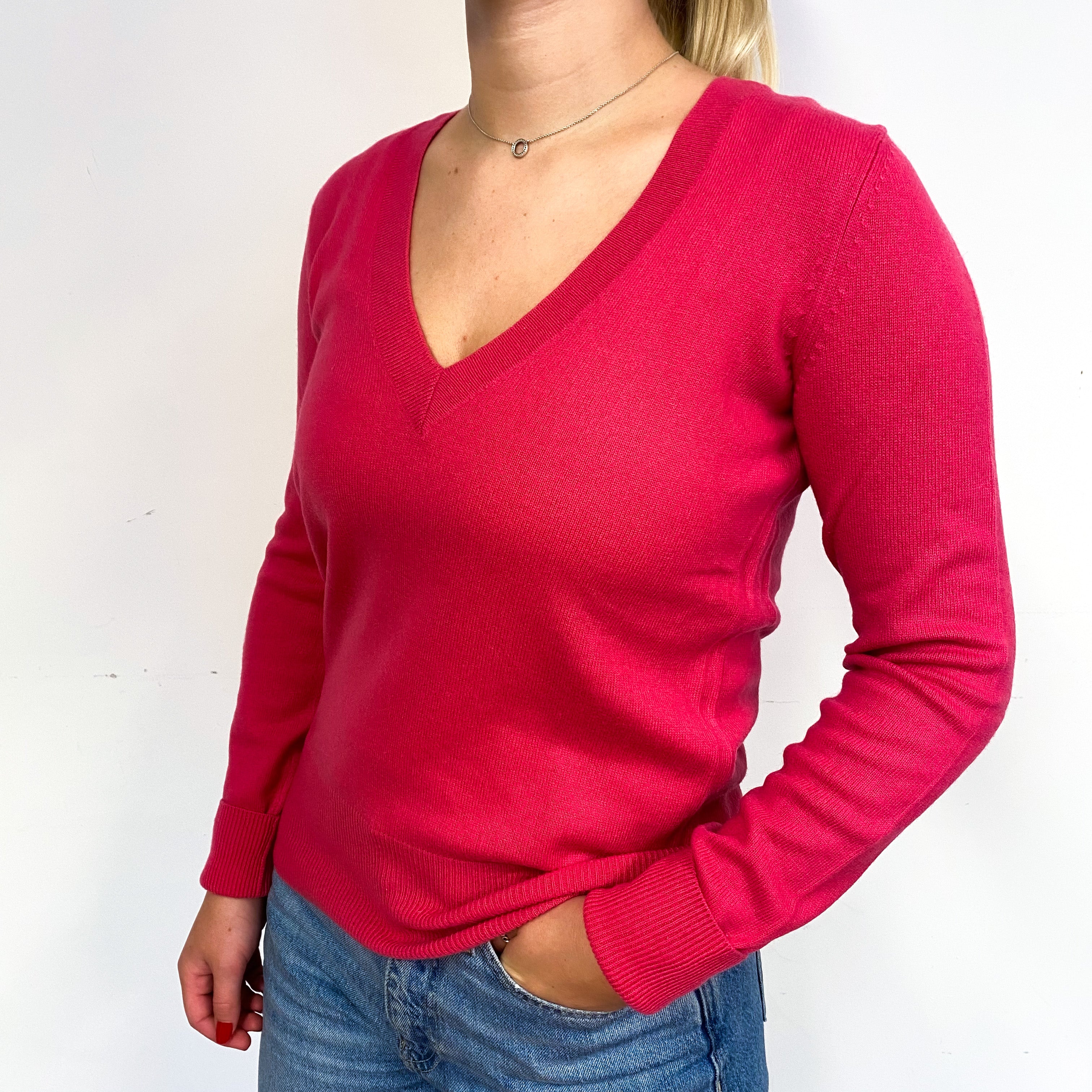 Fuchsia Pink Cashmere V Neck Jumper Small