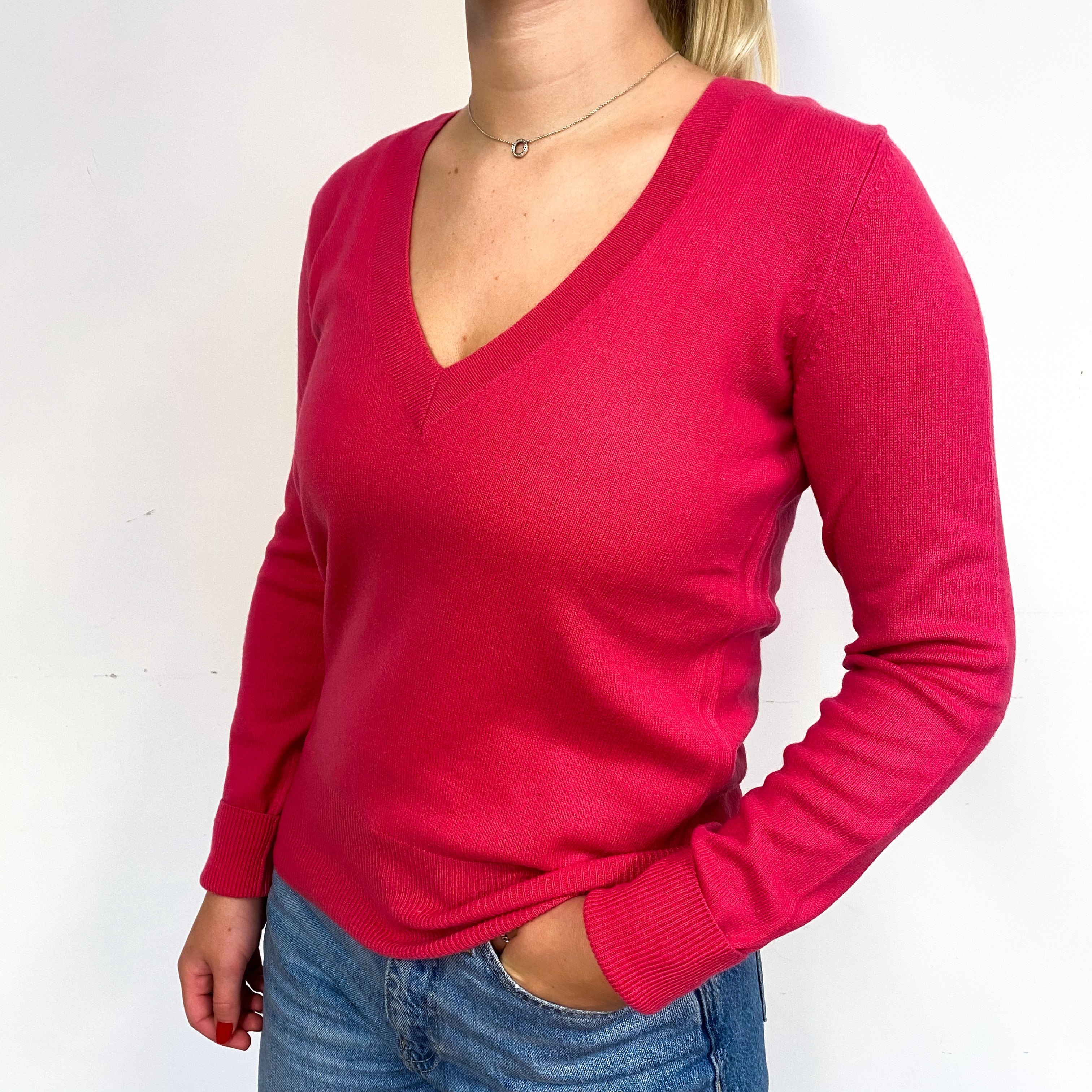 Fuchsia Pink Cashmere V-Neck Jumper Small