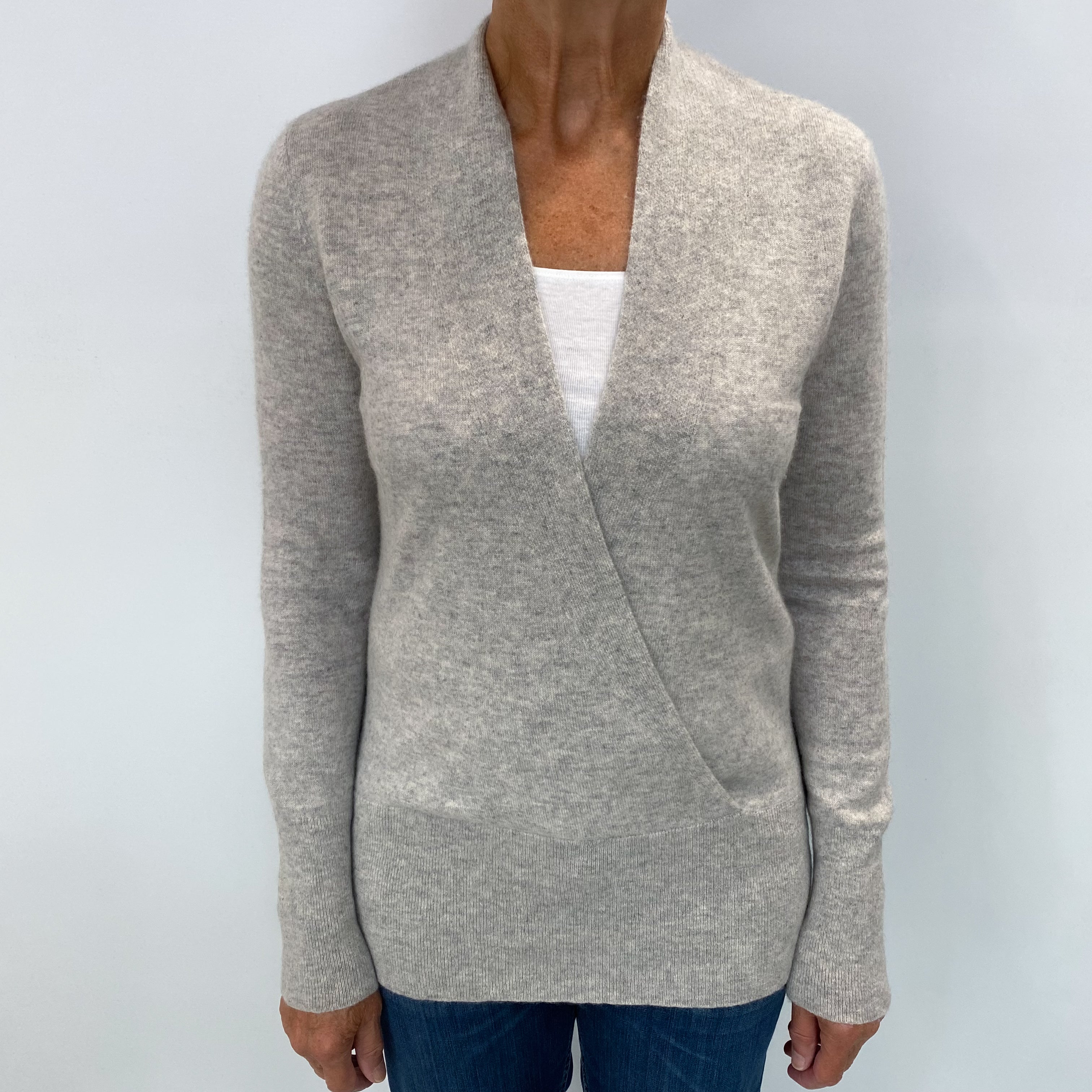 Smoke Grey Cashmere Deep Cross Over V Neck Jumper Medium