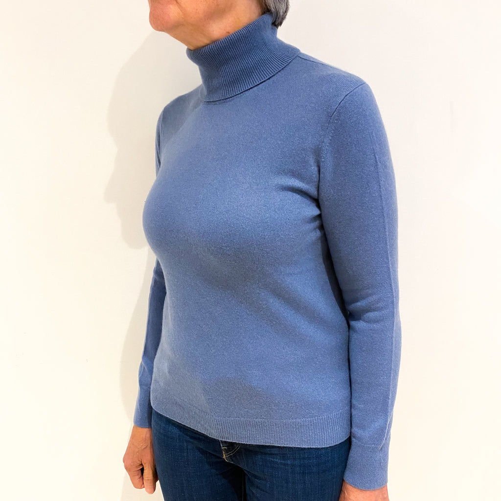 Dusky Blue Cashmere Polo Neck Jumper Medium