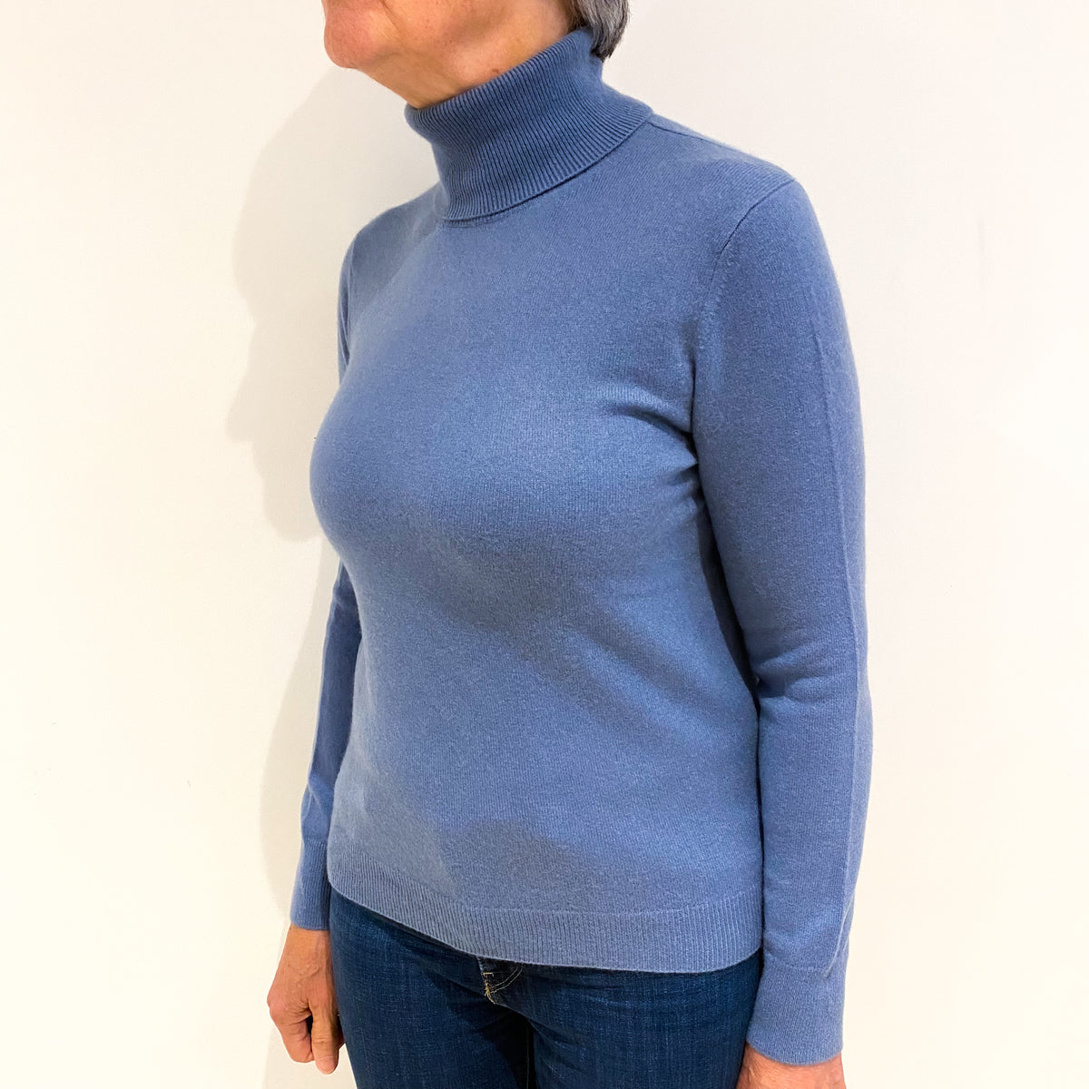 Dusky Blue Cashmere Polo Neck Jumper Medium