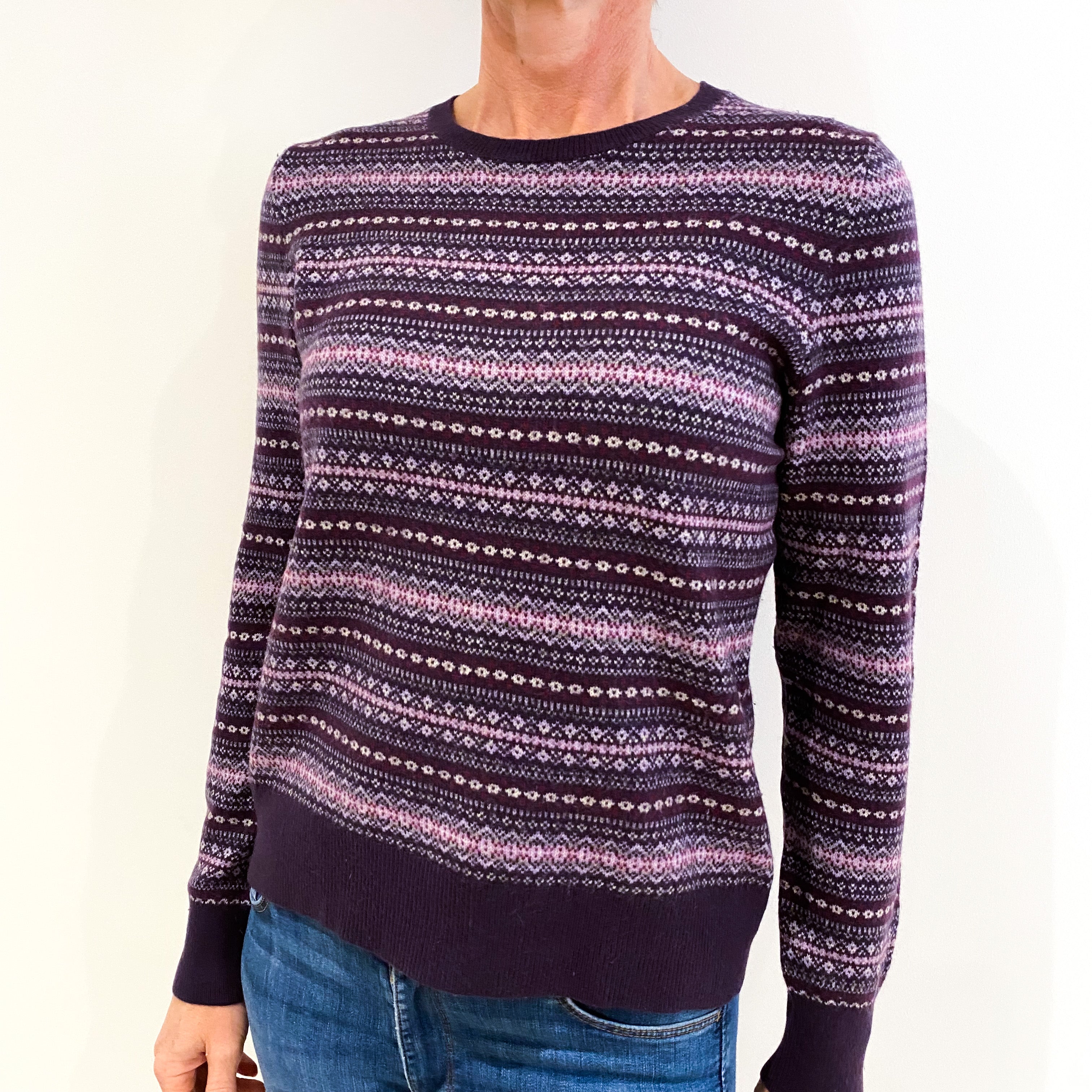 Purple Fair Isle Cashmere Crew Neck Jumper Small