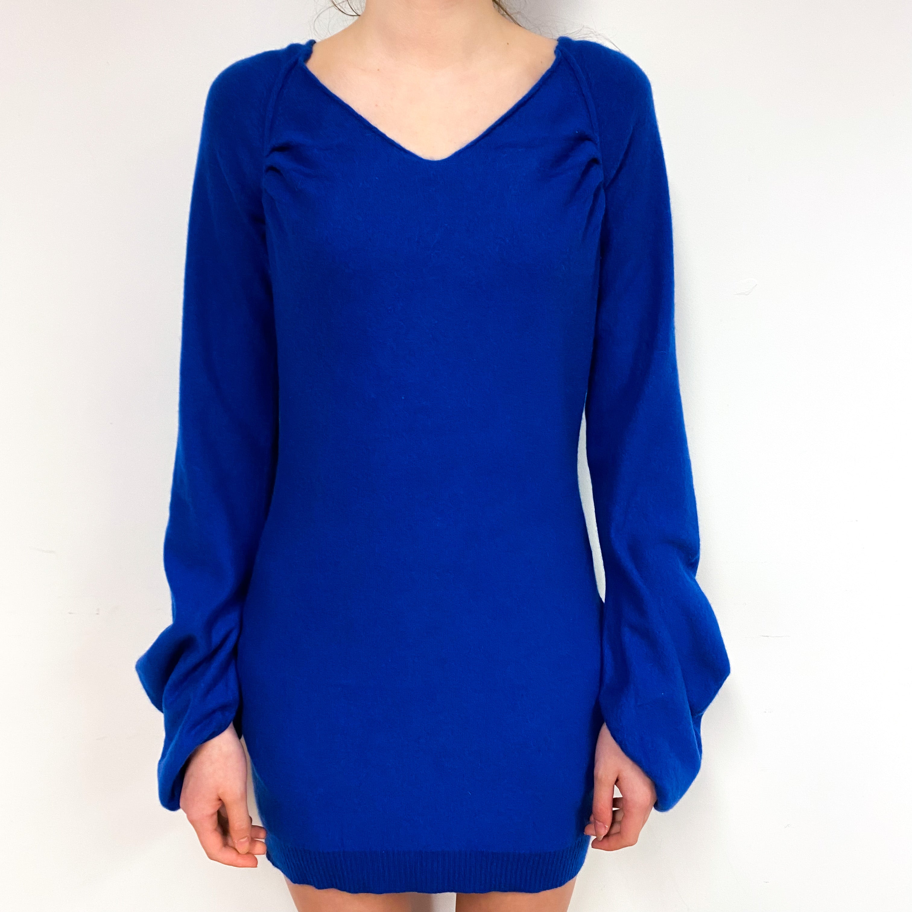 Indigo Blue Balloon Sleeve Cashmere V-Neck Dress Extra Small