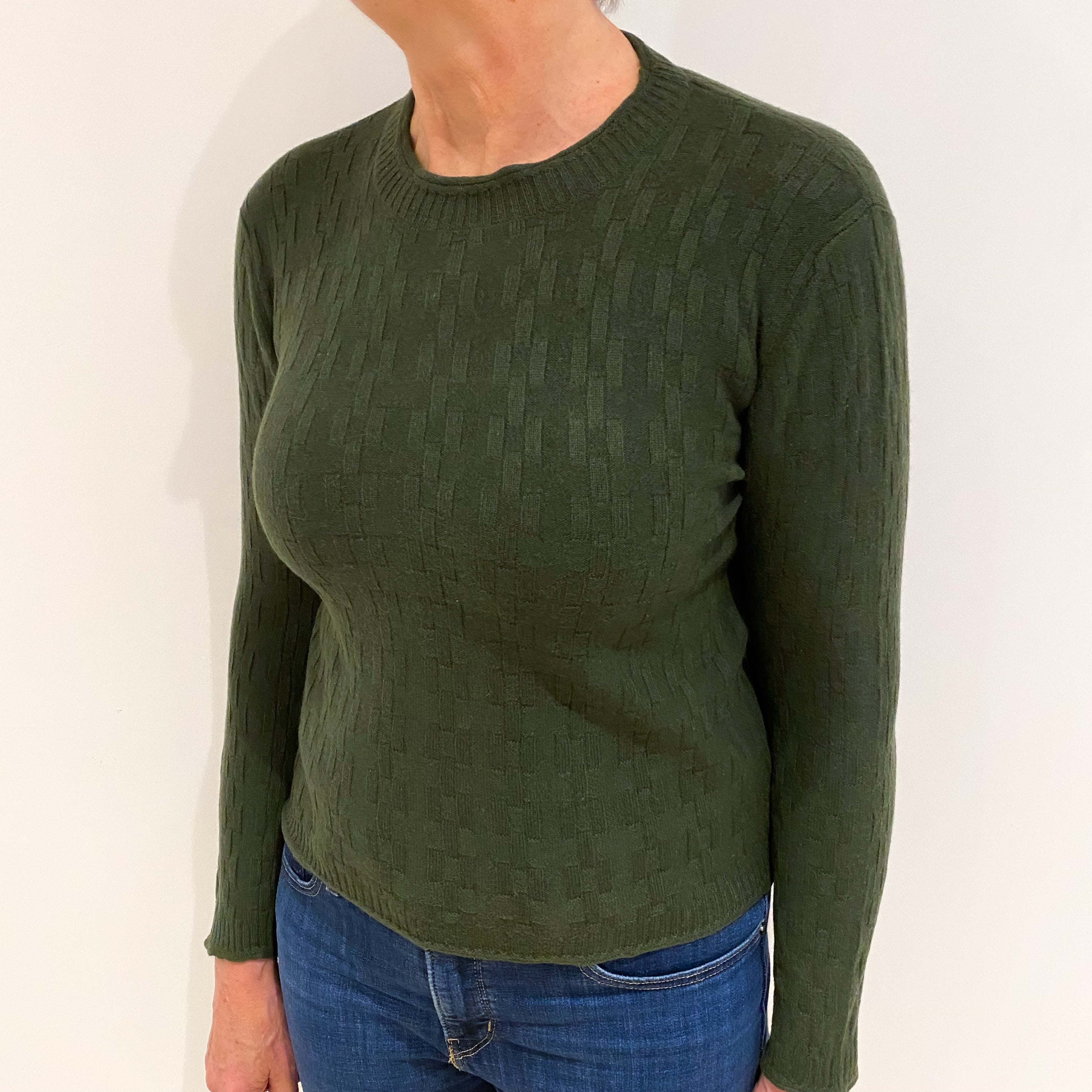 Seaweed Green Cashmere Crew Neck Textured Knit Jumper Medium
