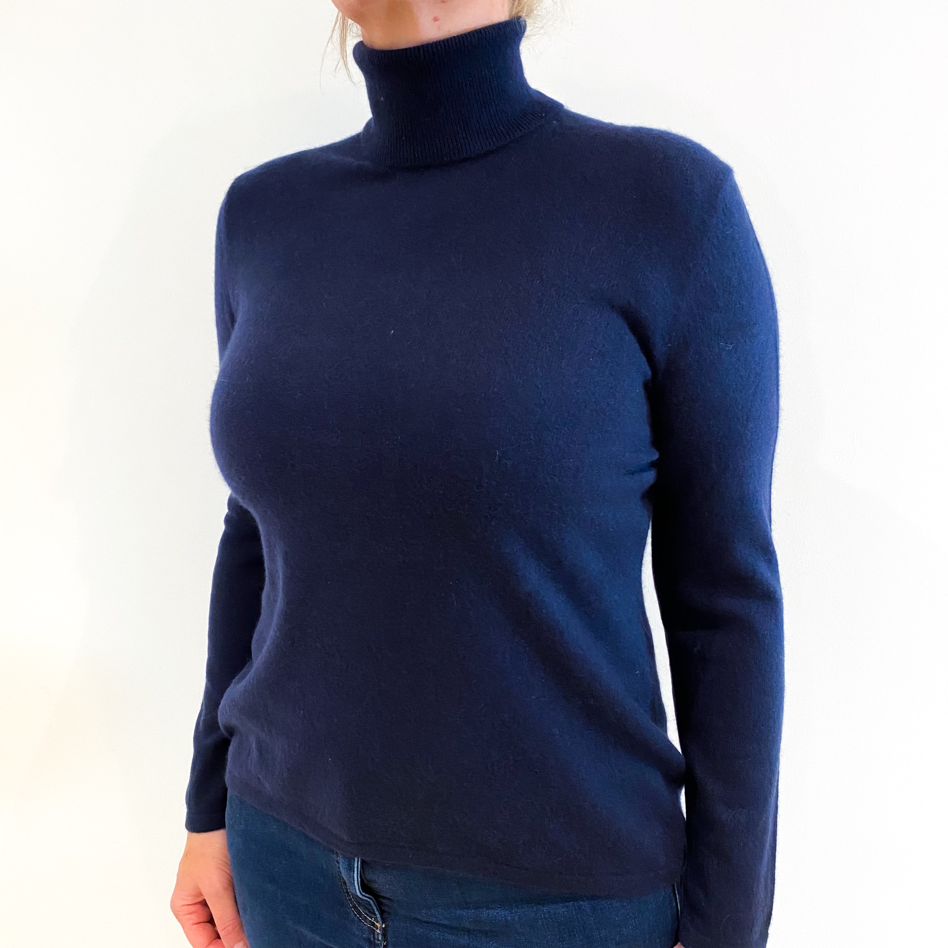 Navy Blue Cashmere Polo Neck Jumper Large