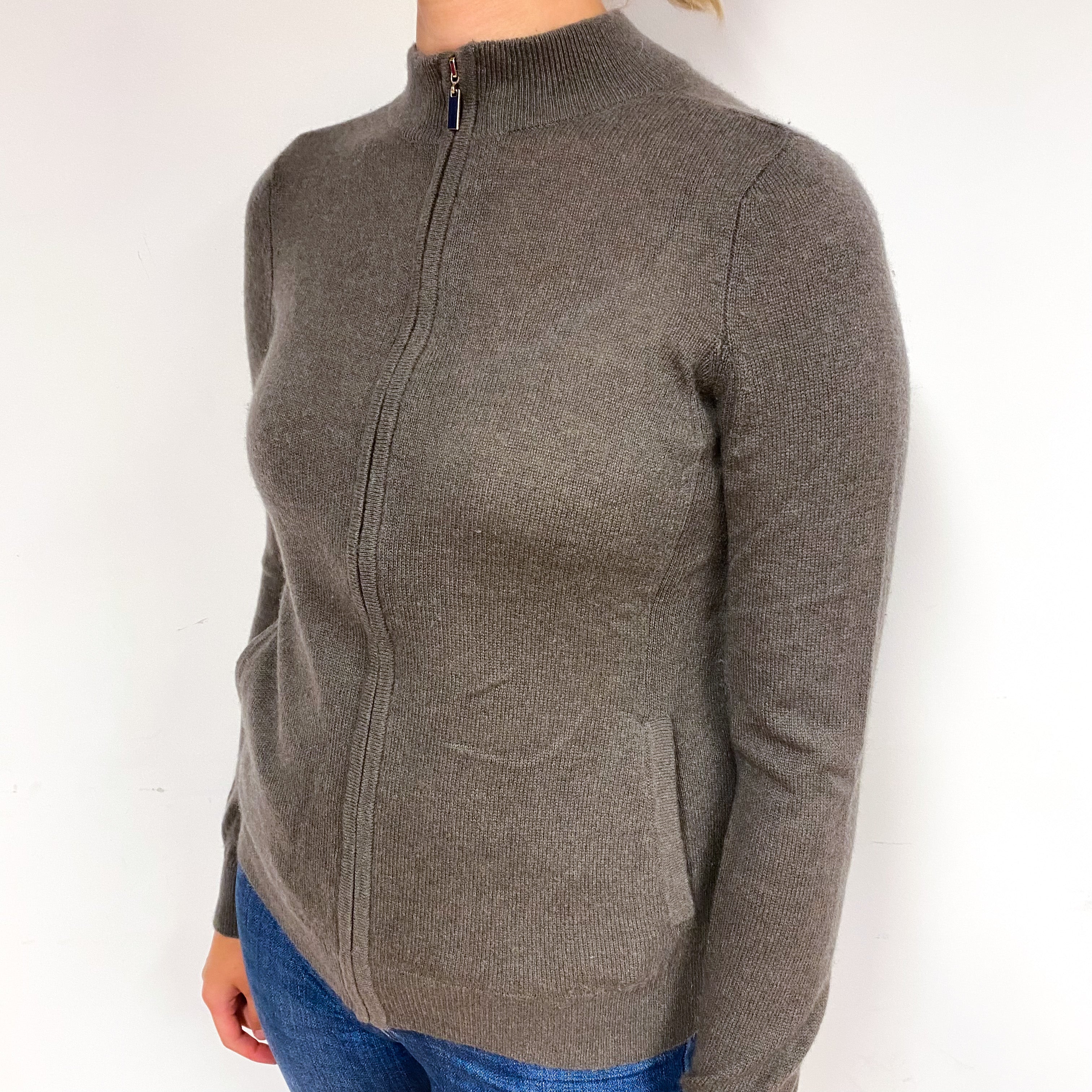 Mole Brown Cashmere Zip Turtle Neck Cardigan Small