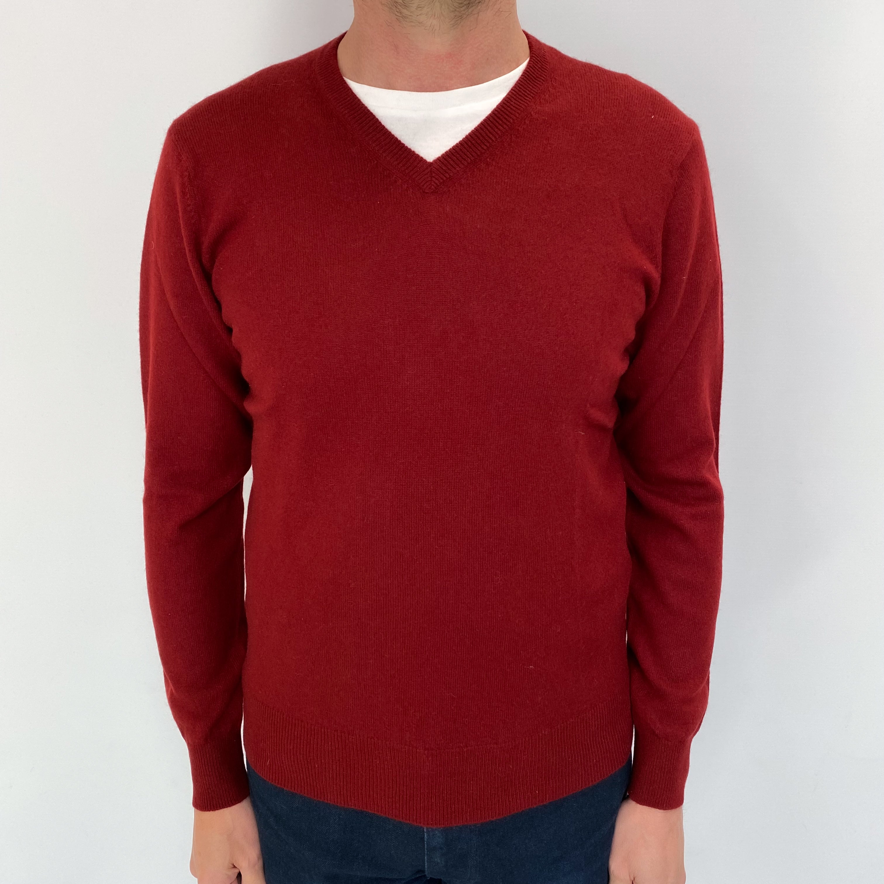 Men's Maroon Red Cashmere V Neck Jumper Small