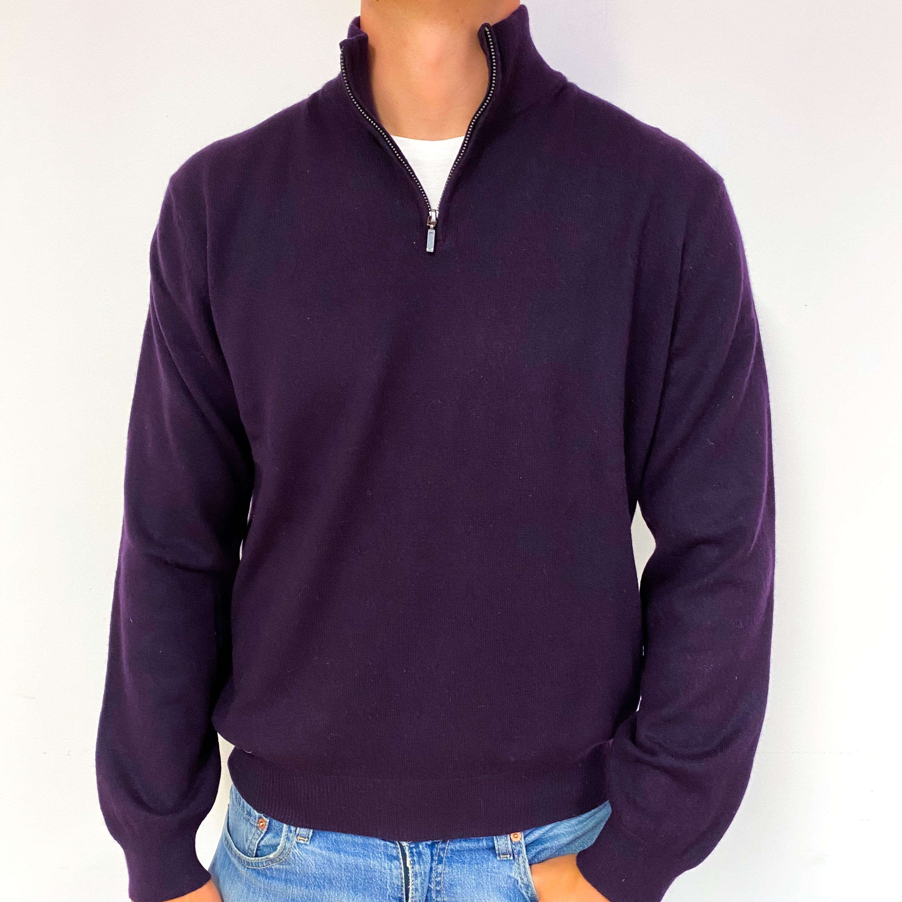 Men's Blueberry Purple Cashmere 1/4 Zip Jumper Extra Large