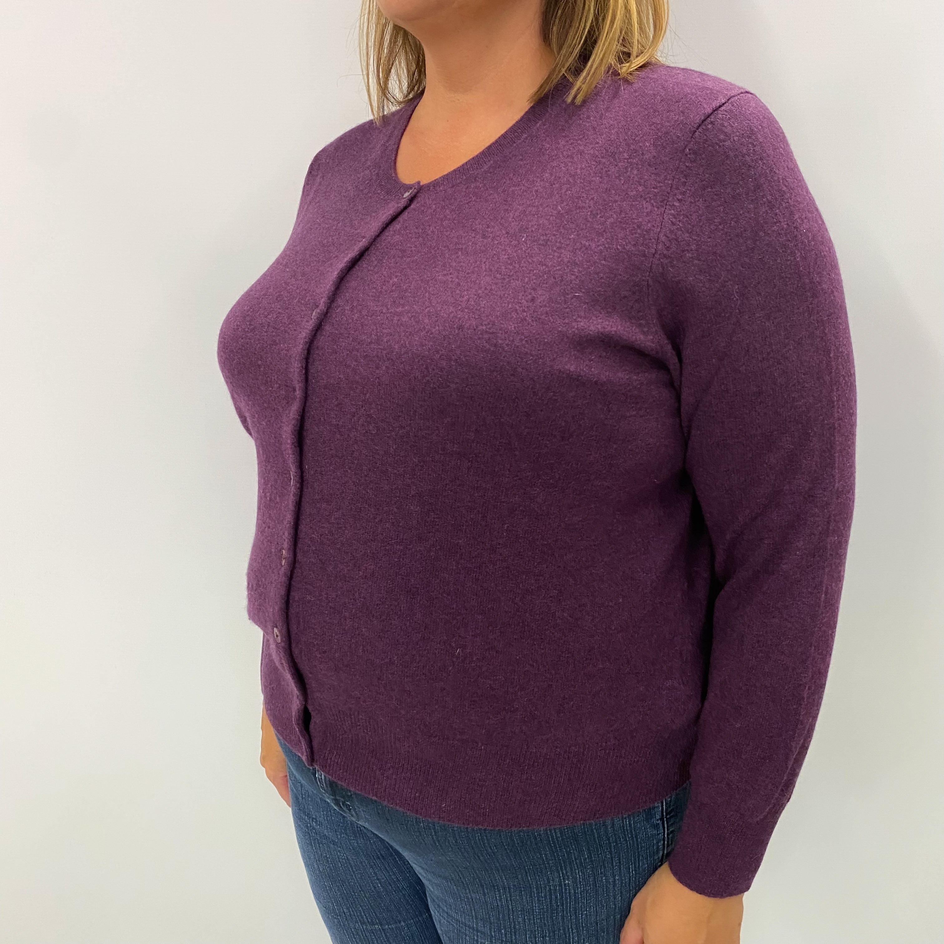 Plum Purple Marl Cashmere Crew Neck Cardigan Extra Large