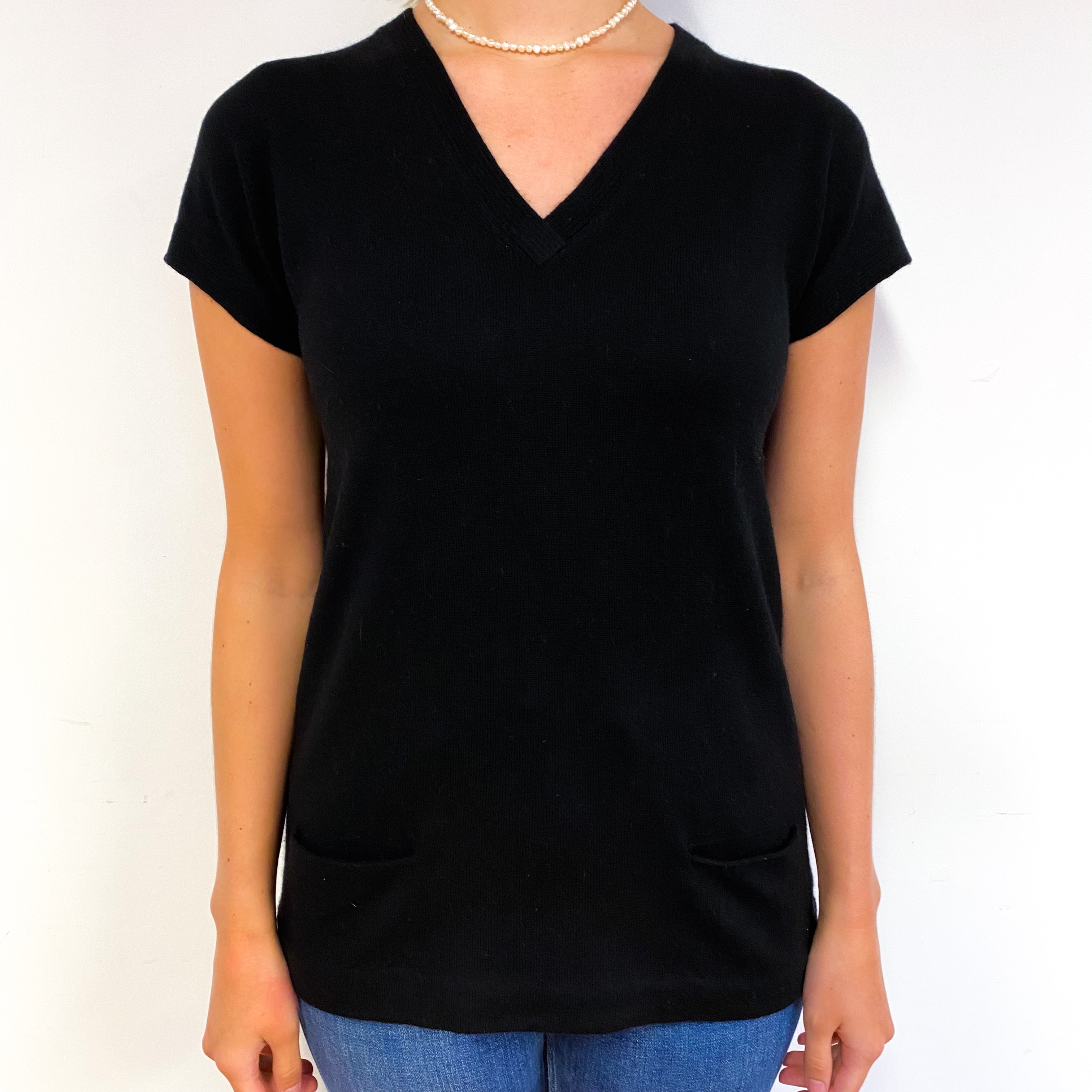 Black Short Sleeve Cashmere V-Neck Jumper Small