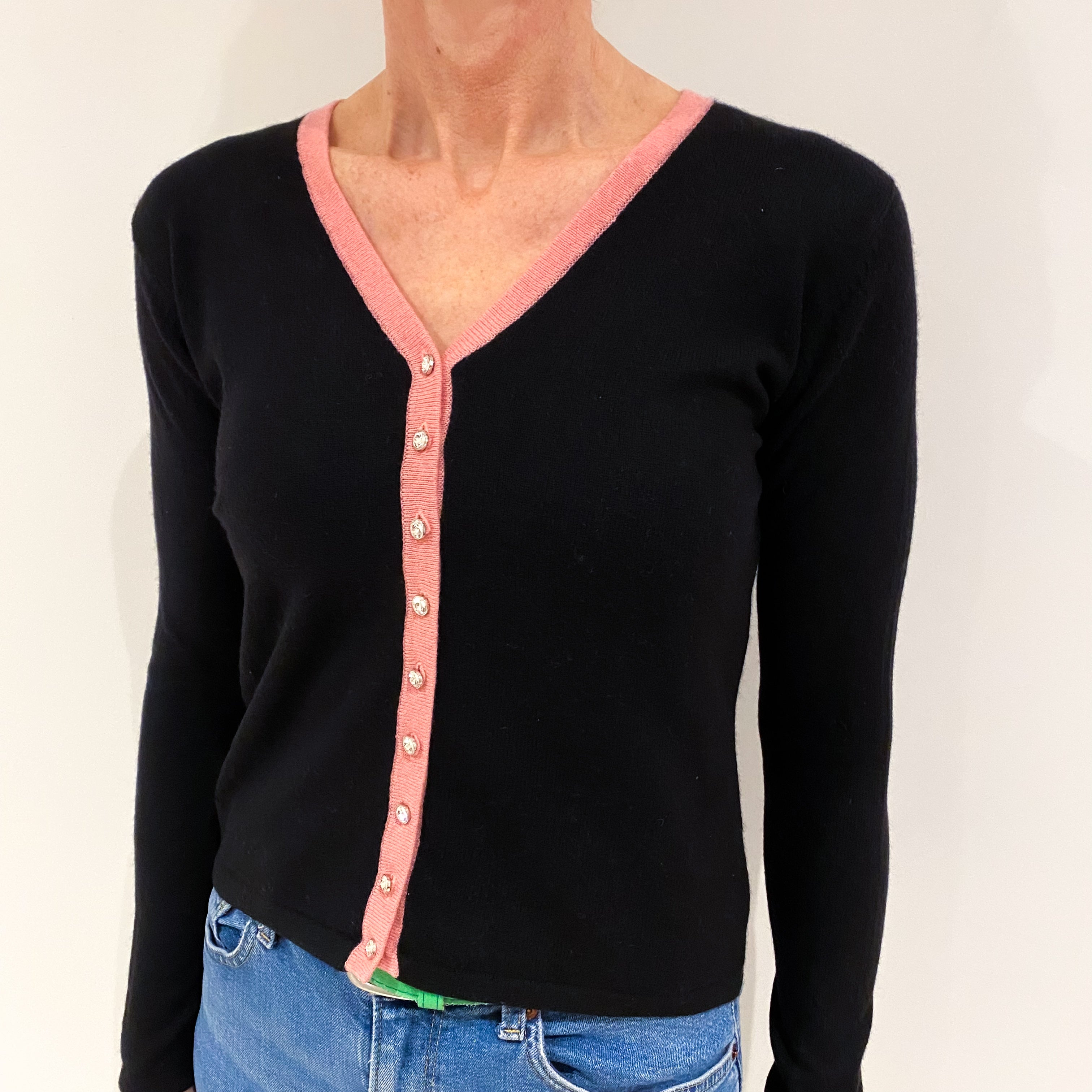 Black Pink Trim Cashmere V Neck Cardigan Small