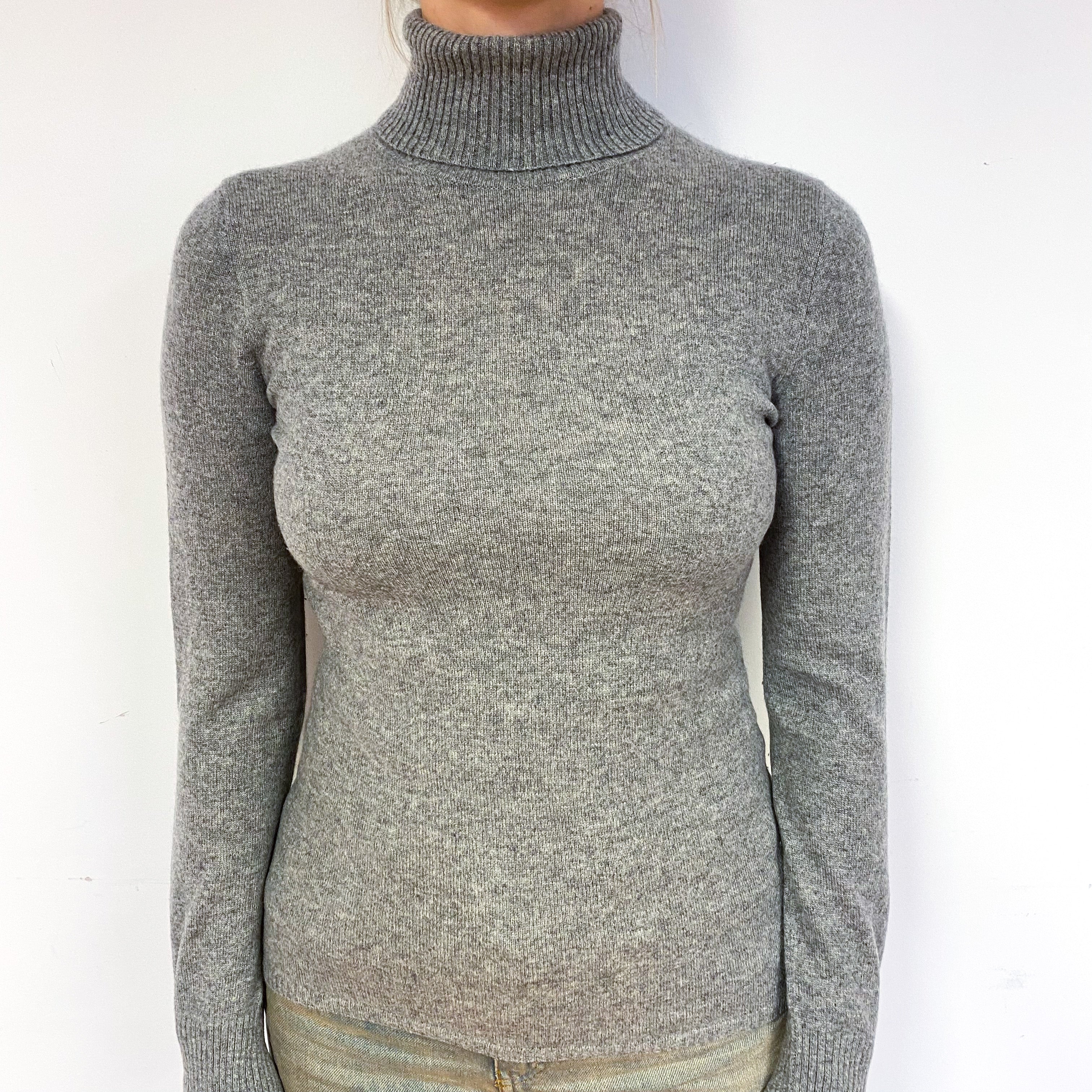 Ash Grey Cashmere Polo Neck Jumper Small