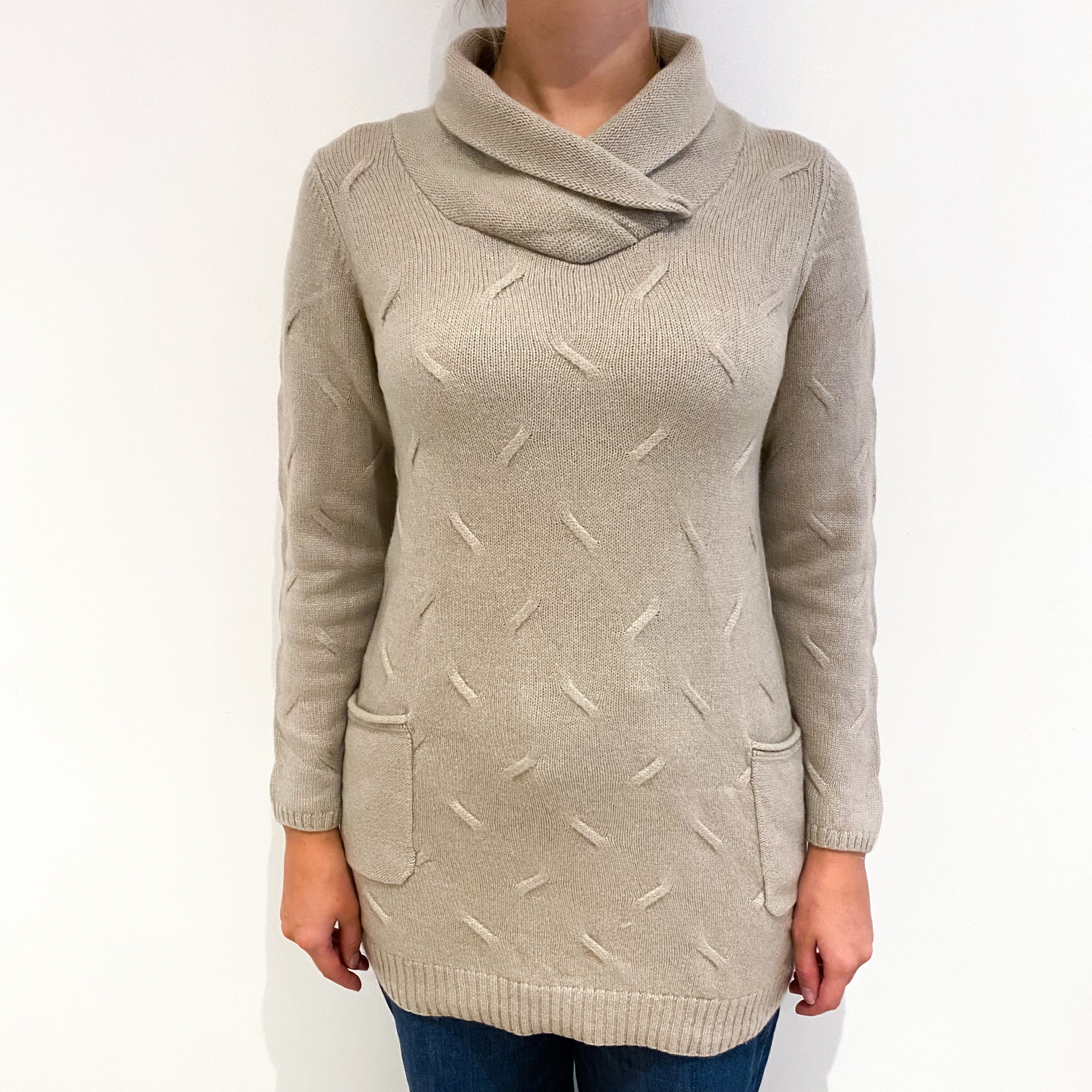 Fawn Brown Cashmere Shawl Collar Tunic Jumper Small