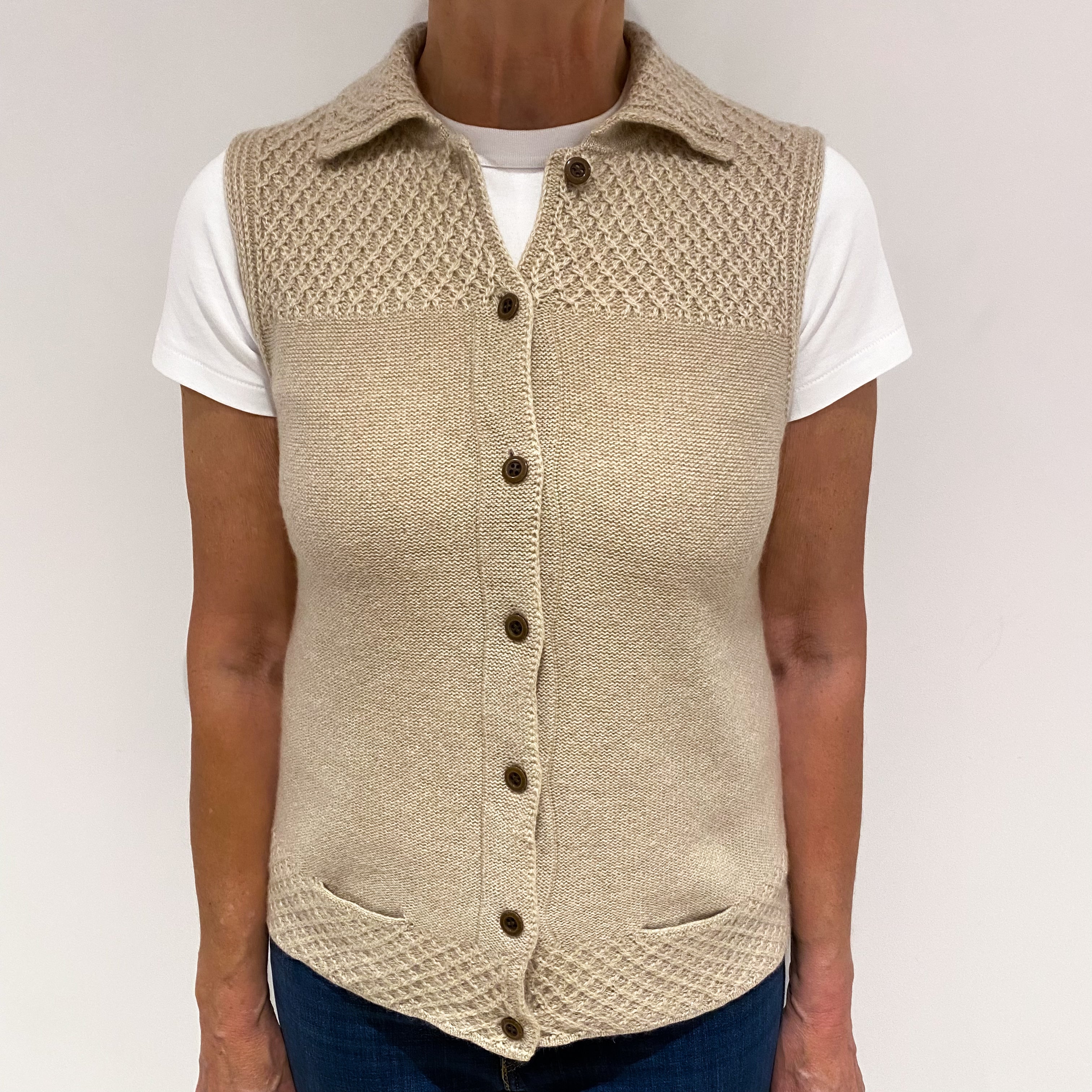 Honey Cream Cashmere Short Sleeved Collared Cardigan Medium