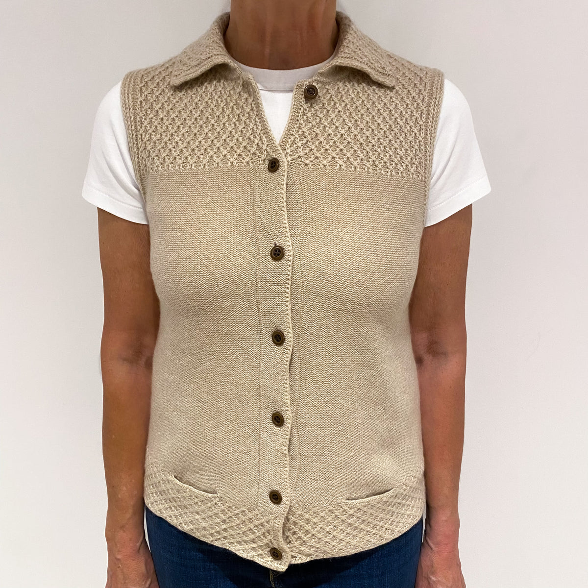 Honey Cream Cashmere Short Sleeved Collared Cardigan Medium