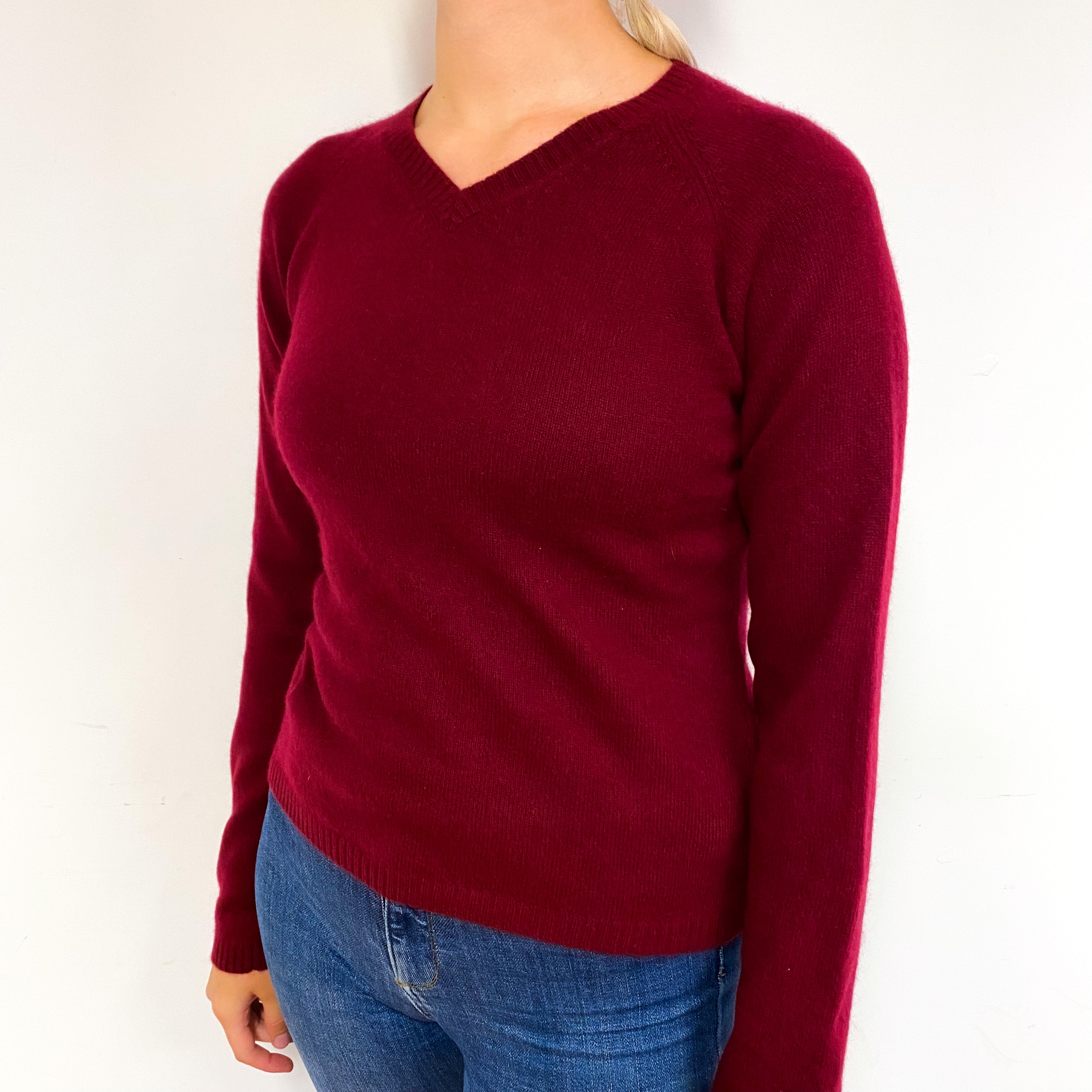 Burgundy Red Cashmere V-Neck Jumper Small